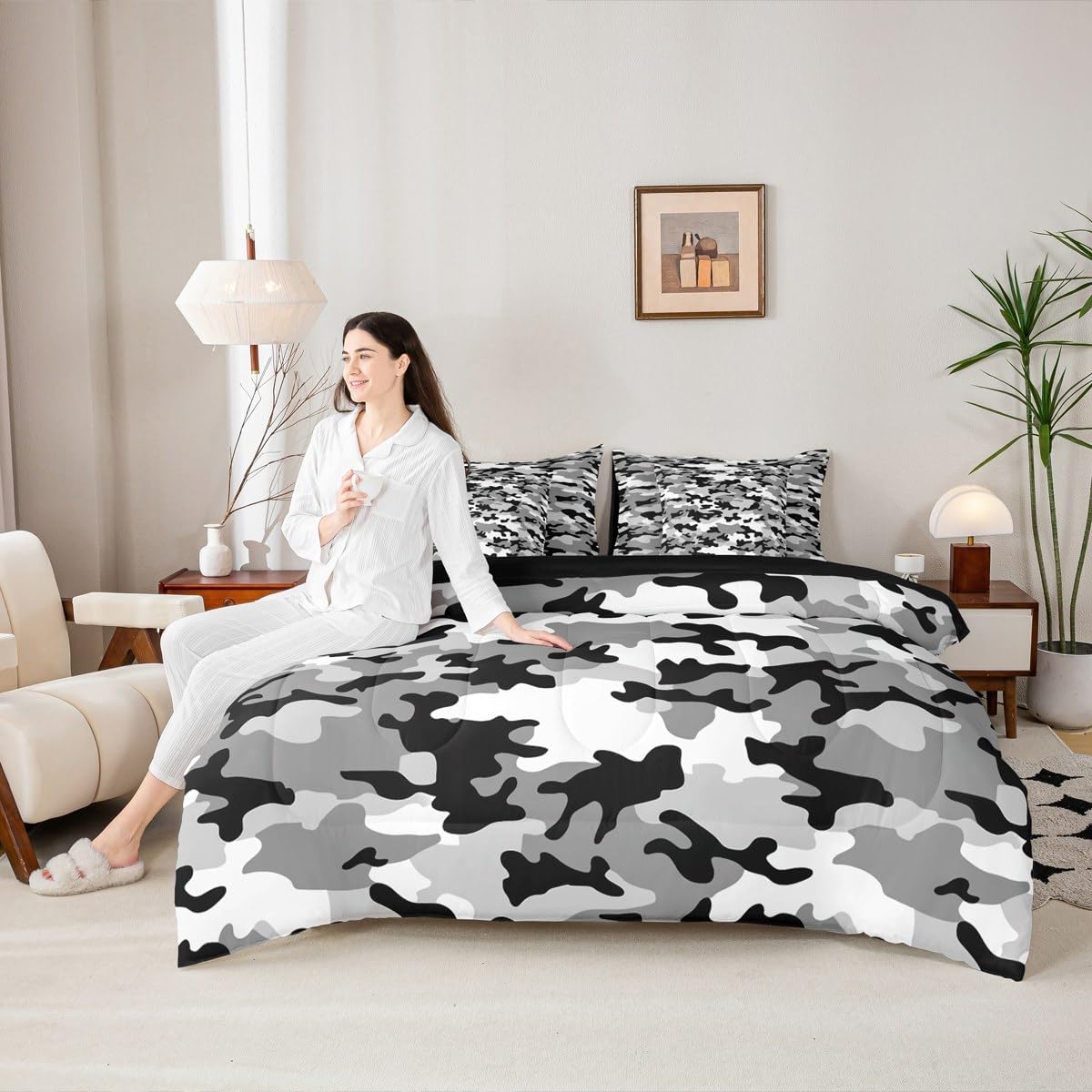 Erosebridal Grey Camouflage 7 Pcs Bedding Set Military Themed Queen Comforter Set for Boys Girls Kids | Camo Militarily Tie Dye Bed in A Bag with Flat and Fitted Sheet Army Retro Geometric Bed Set