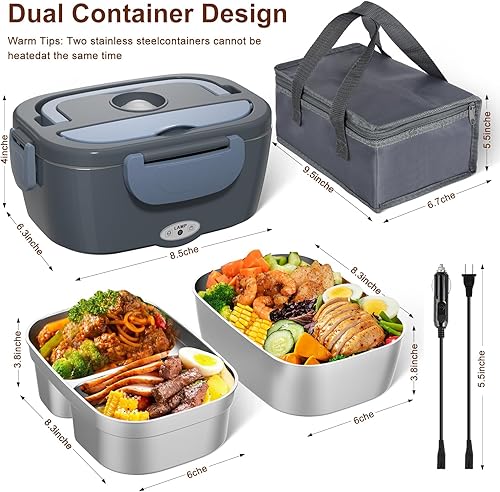 Miniatura 5 de Lonchera Eléctrica, Lonchera Térmica para Hombres con 2 Recipientes de Acero Inoxidable, 1.5L Portátil 80W Calentador de Alimentos Lonchera para