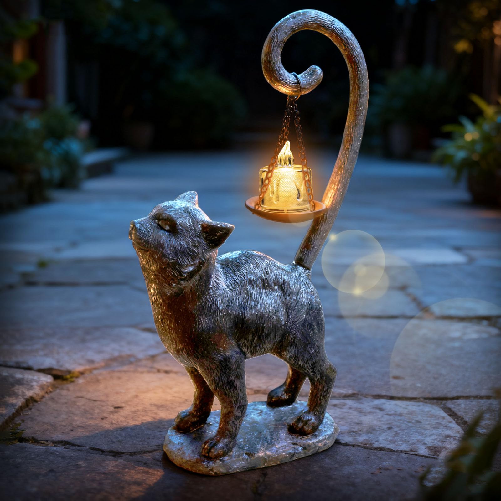 Standing Cat Garden Statue Candle Holder for Outdoor Garden Patio and Indoor Decor for Cat Lovers Women and Home Ambiance Black