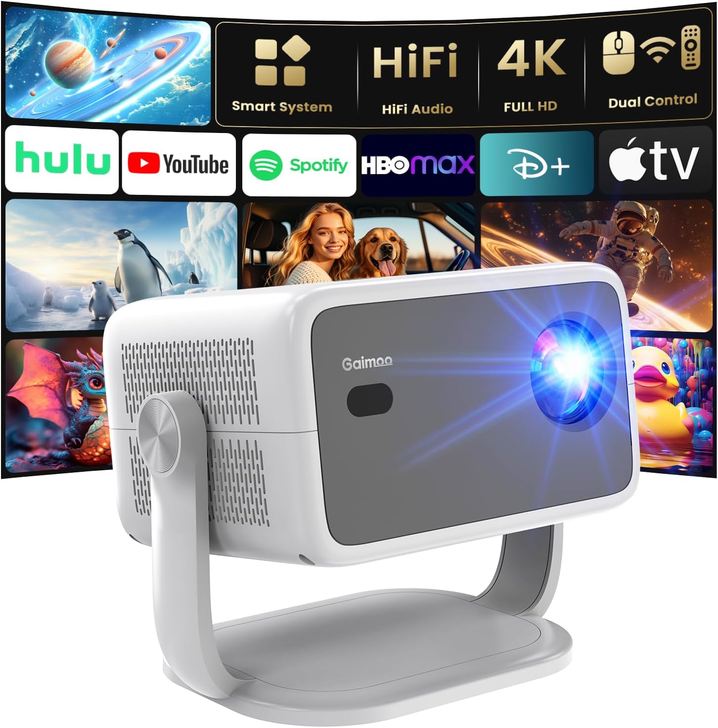Projector [Auto Focus/360° Rotatable Stand] 4K Projector with Wifi and Bluetooth 1080P Native, Compatibile with TV Stick/Memory Stick/Laptop, Smart Home Outdoor Projector Gery
