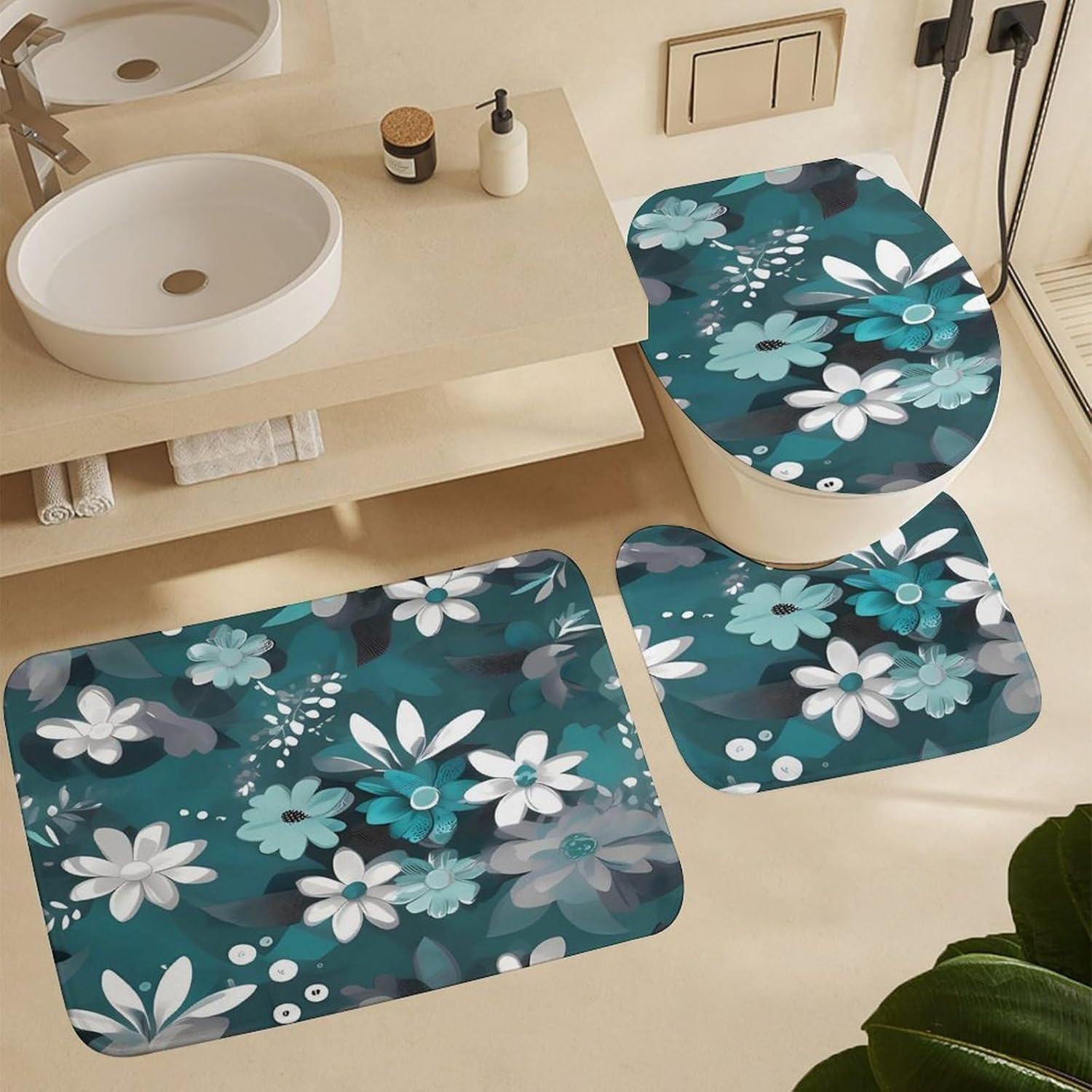 Four Piece Bathroom Set with Toilet Lid Cover and Non-Slip Rugs Minimalist Shower Curtain for Bathroom Set