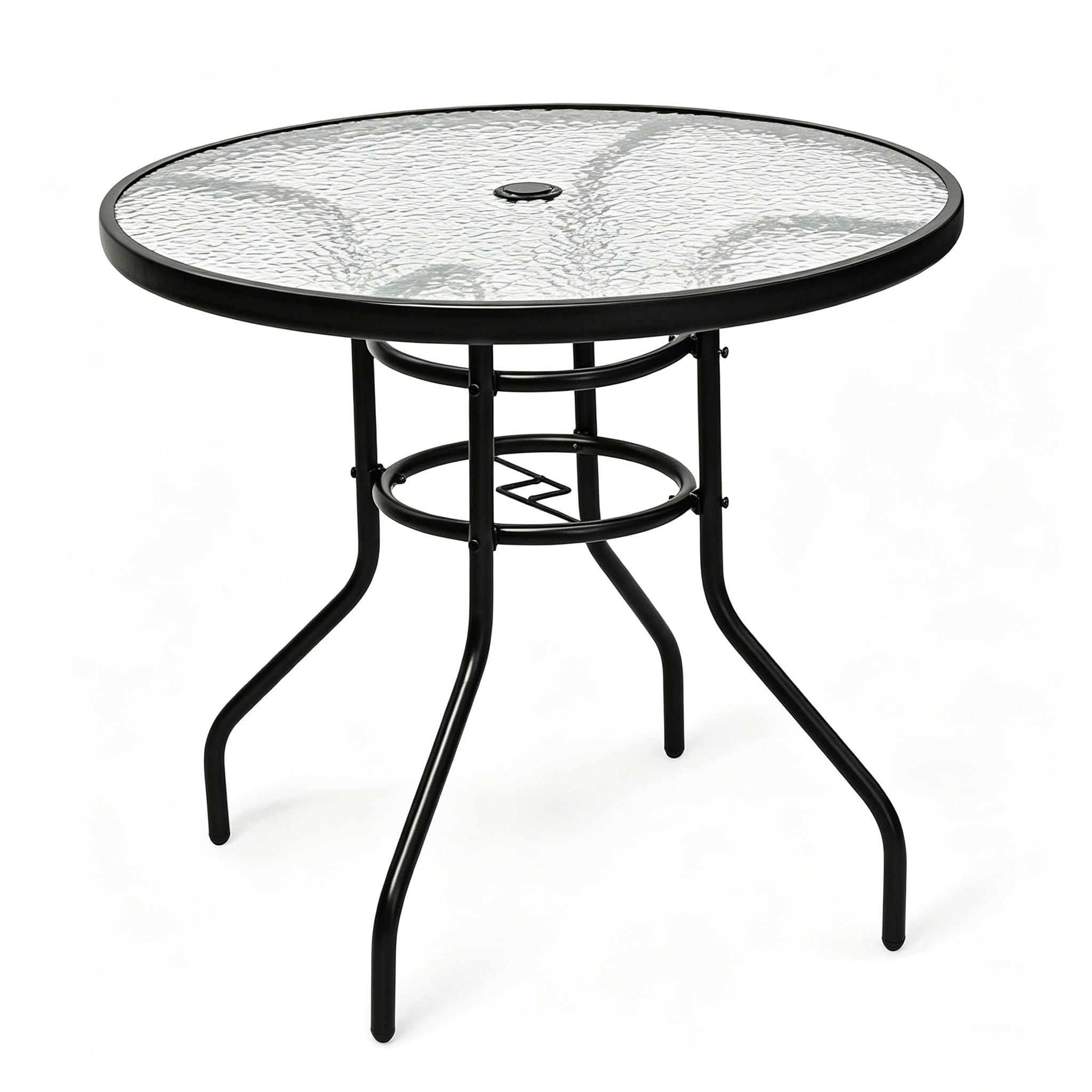 GYMAX 80 cm de Diámetro, Resistente a la Intemperie con Agujero para Sombrilla, Mesa de Jardín con Tablero de Cristal y Estructura de Metal, Mesa Redonda para Balcón, Terraza, Jardín
