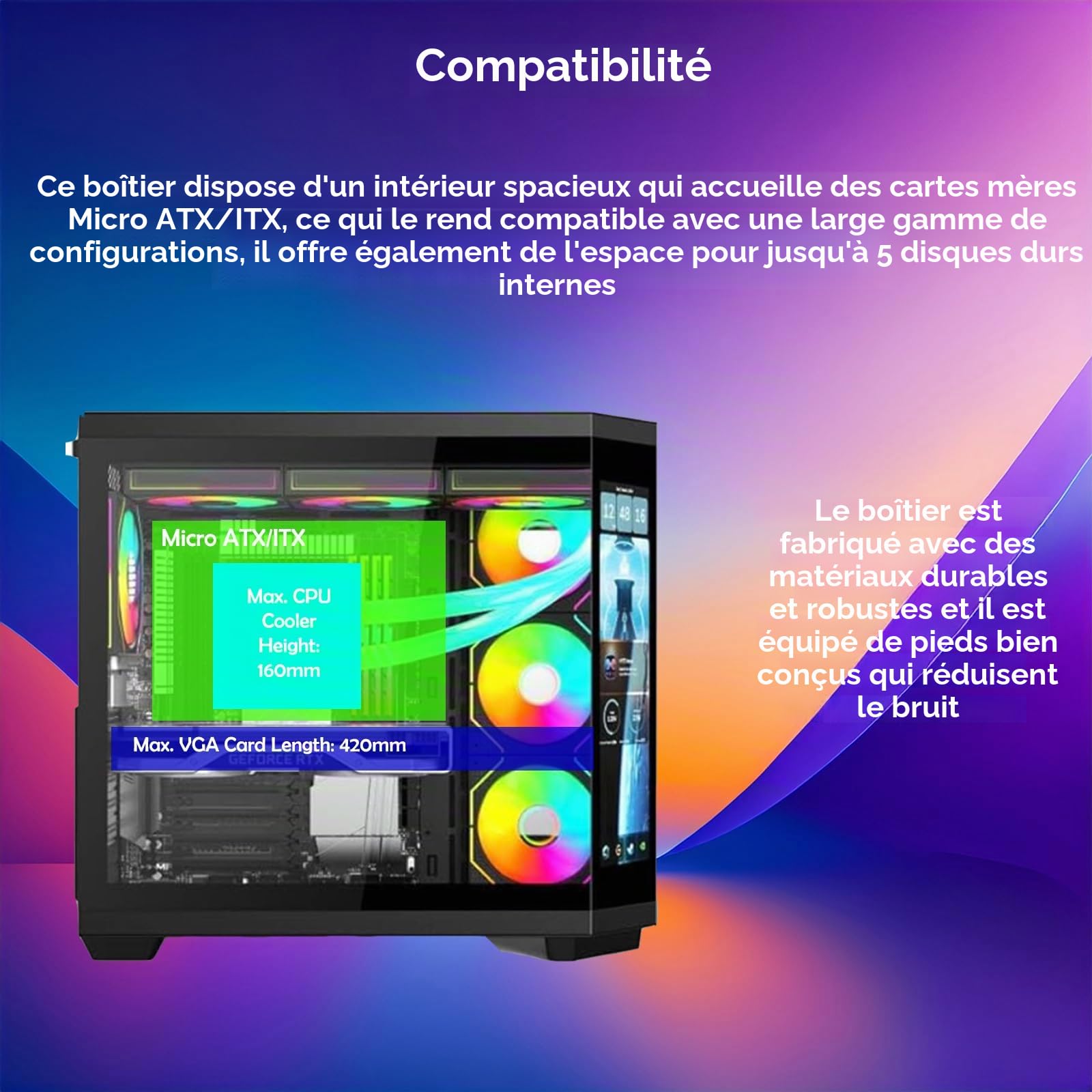Boîtier PC - Gaming | IONZ APEX Vision - Tour intermédiaire ATX, double chambre avec 4 ventilateurs ARGB PWM - Écran LCD | Noir