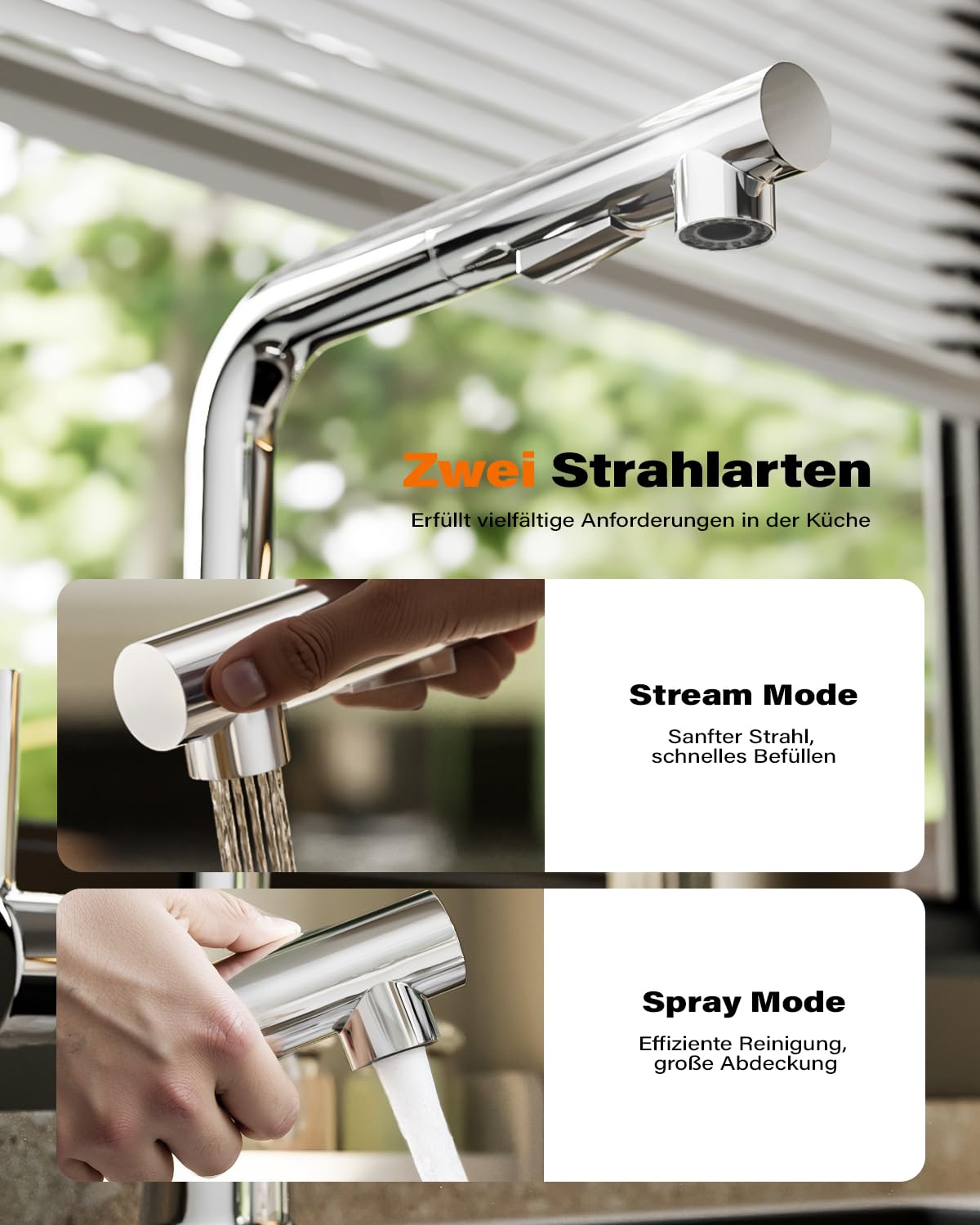 Cobbe Hochdruck Wasserhahn Küche, Küchenarmatur Ausziehbar mit Brause, Spültischarmatur Küche, Armatur Küche 360° Schwenkbar, Mischbatterie Küche Edelstahl (Chrom)
