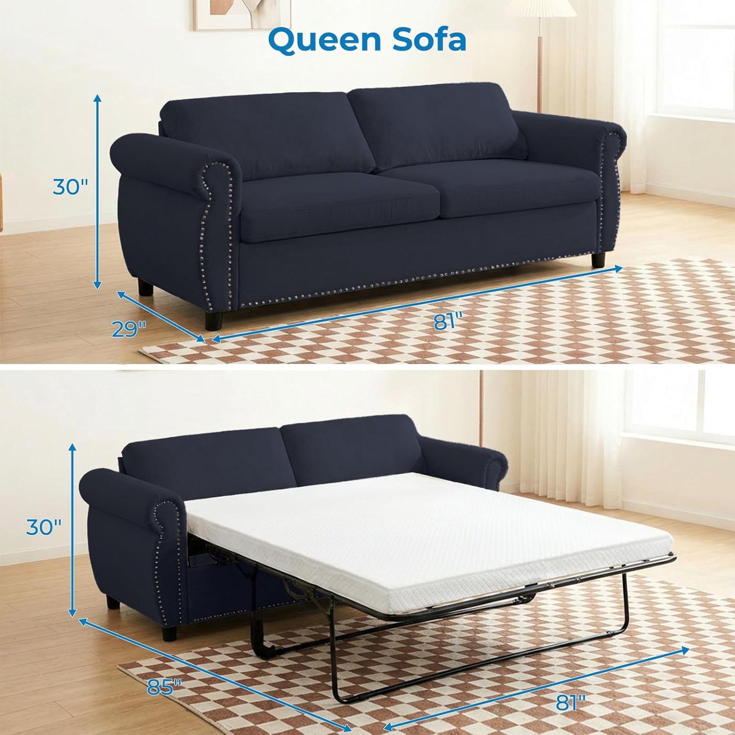 Mjkone 81"W Queen Size Pull Out Sofa Bed Sleeper with Tri-folding Mattress, 2-in-1 Convertible Loveseat Sleeper Sofa Couch with Nailhead Armrests, Modern Pullout Couch Beds for Living Room, Dark Grey