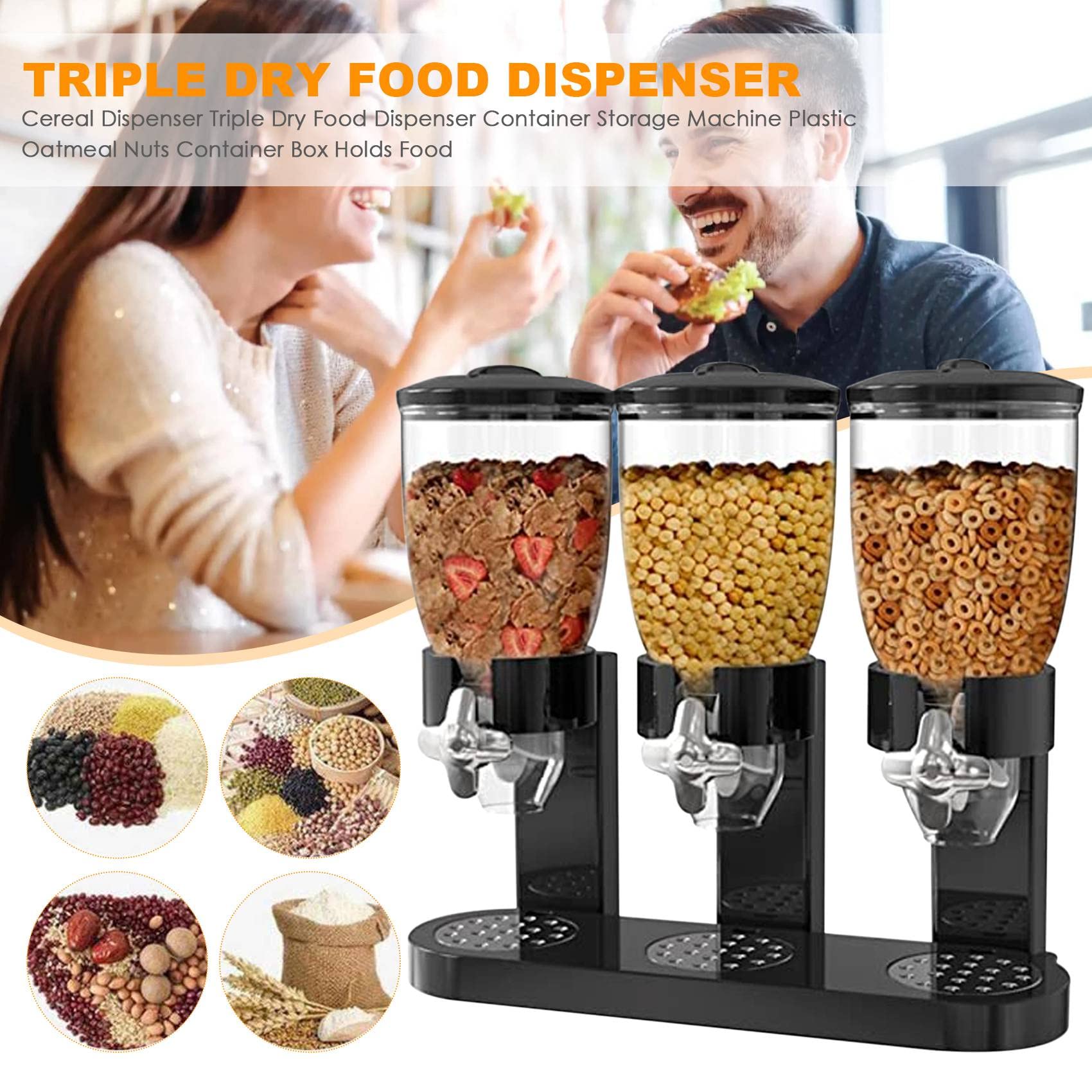 Distributori per Cereali Dispenser Cibo Secco per Alimenti Secchi Triplo Contenitore per Contenitori Contenitore per Farina D'Avena nel Plastica Contenitore per Alimenti Nero