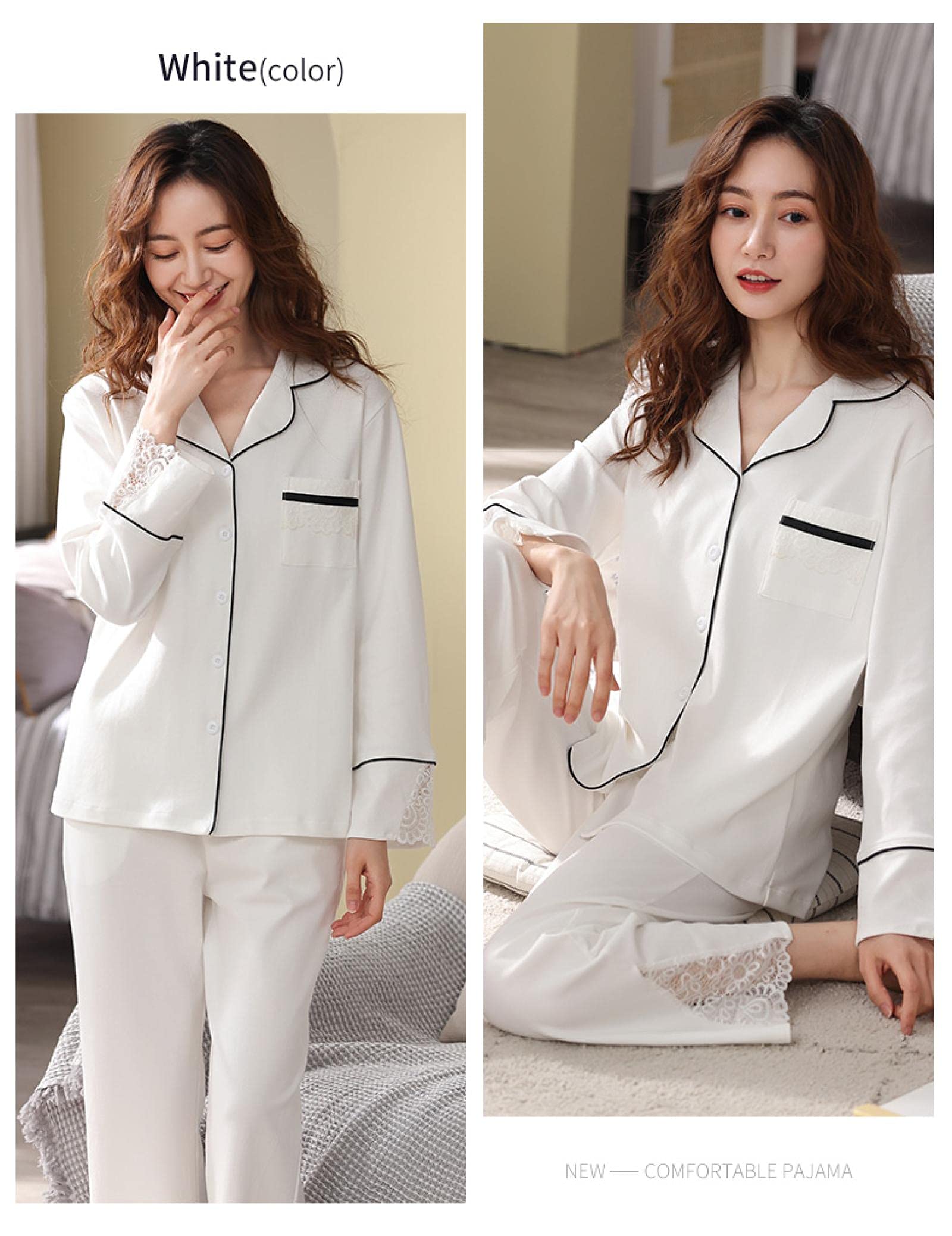Un Pijama Cómodo Pijamas De Mujer Pijamas De Mujer Pijamas De Mujer Conjunto De Pijamas De Algodón Puro Ropa De Dormir De Algodón De Encaje Blanco Ropa De Casa Pijamas,White-M