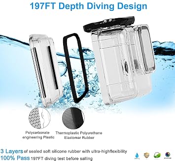 FitStill Underwater Waterproof Diving Housing for Go Pro Hero 13/12/11/10/9 Black,60M/196FT Protective Underwater Diving Housing Shell Accessories (Hero 13/12/11/10/9 Black)