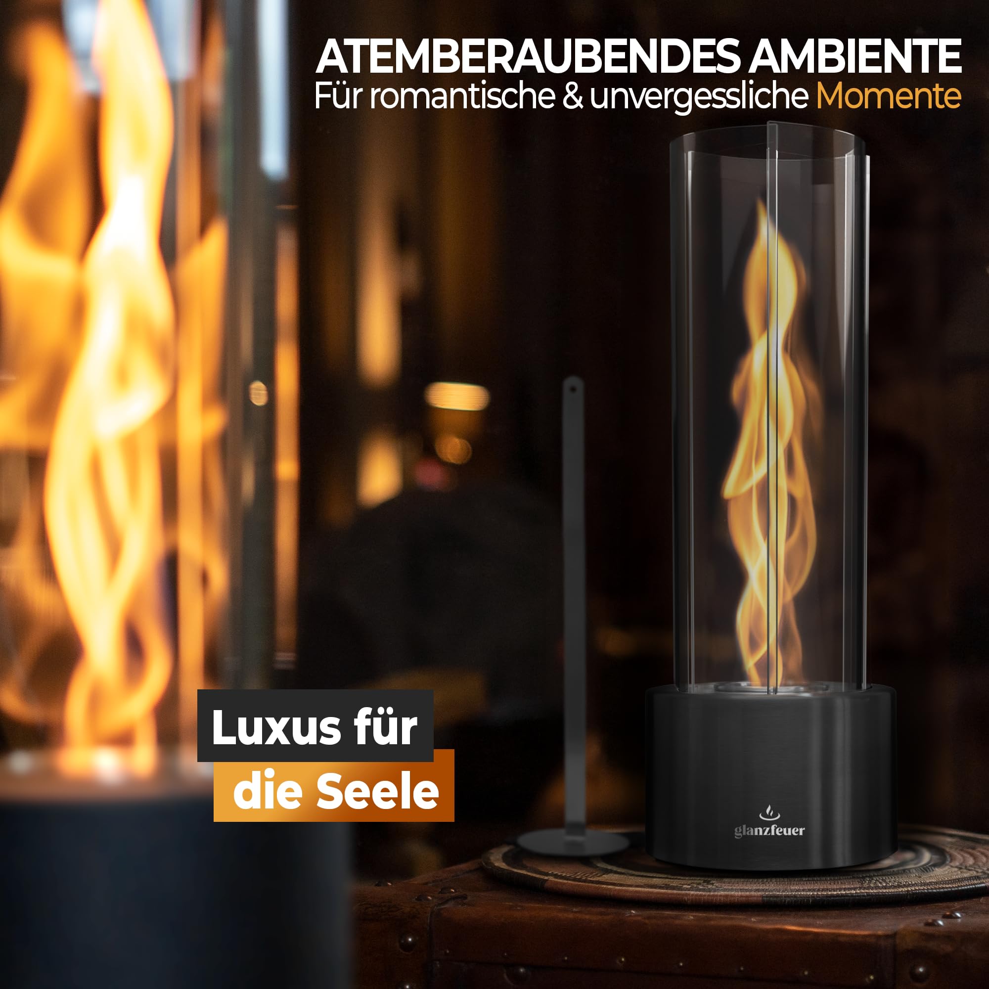Glanzfeuer Bioethanol Tischkamin Outdoor & Indoor inkl. Bioethanol - Extra Lange Brenndauer mit Wirbelflamme - Tischfeuer Deko - Tisch Kamin Feuer Feuersäule - Garten & Deko Geschenk