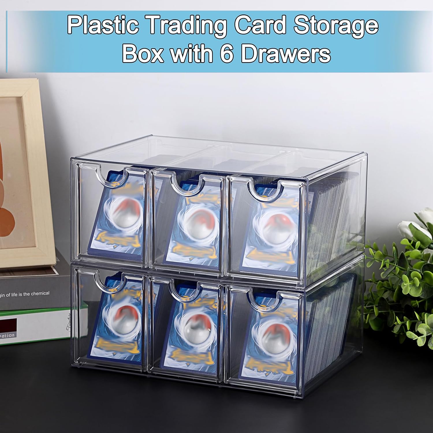 OwnMy 2 Plastic Trading Card Storage Box, Clear Stackable Card Organizers Storage Boxes with 6 Drawers, 2200+ Baseball Sports TCG MTG PTCG Card Deck Boxes