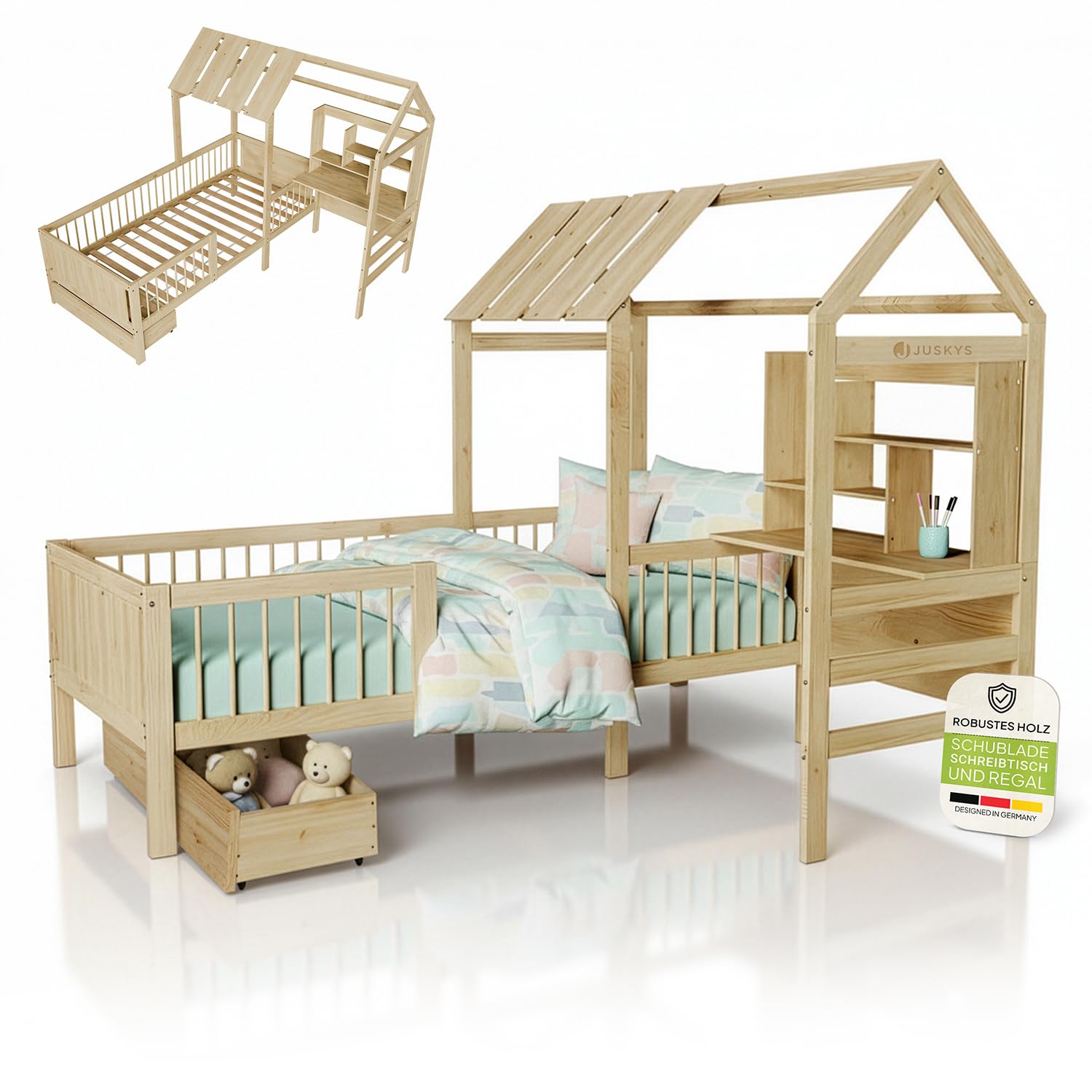 Juskys Kinderbett Yari 90x200 cm – Einzelbett mit Schreibtisch, Schublade und Haus-Design (Natur)