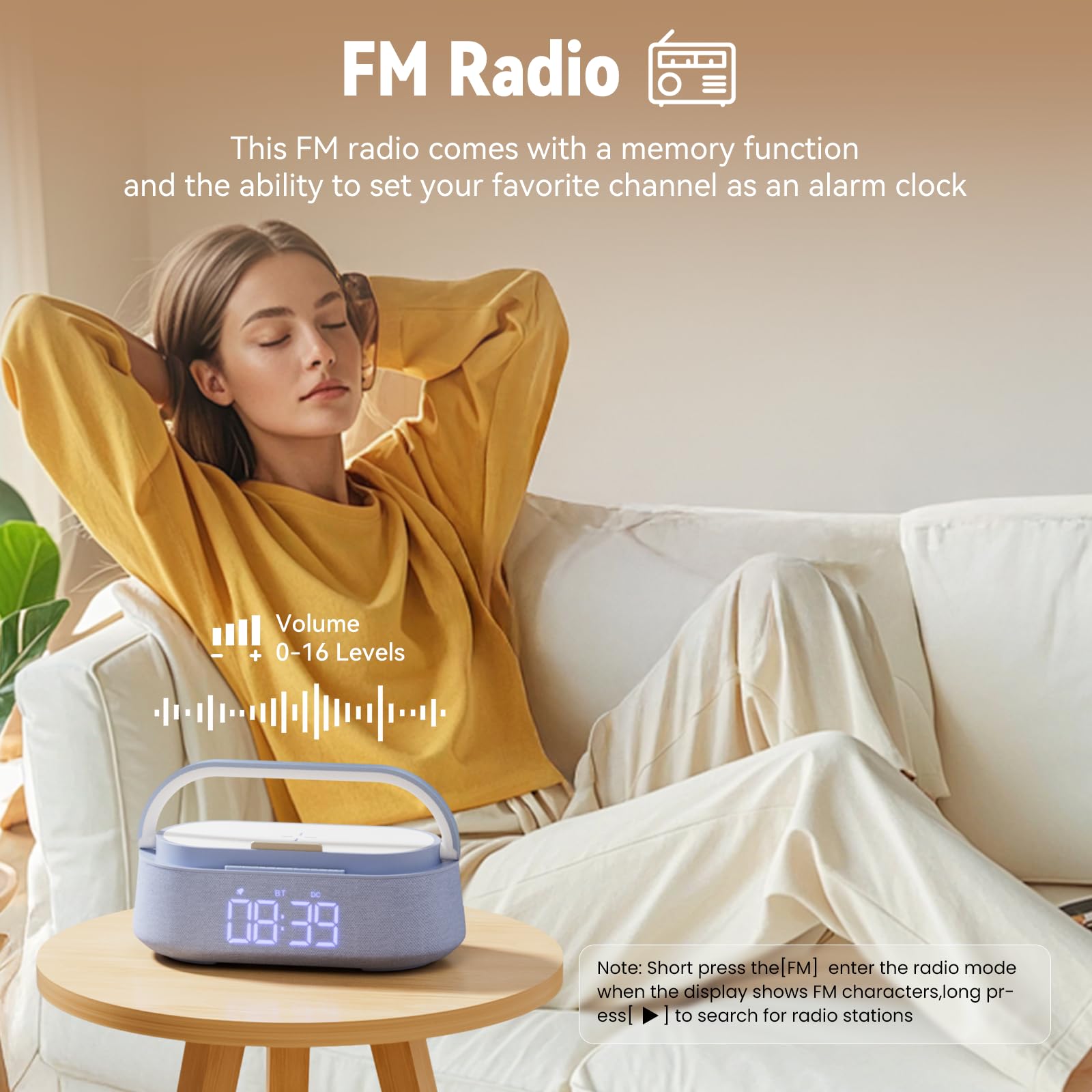 FREEFISH Altavoz Bluetooth con cargador inalámbrico, radio FM, luz nocturna LED ajustable, carga inalámbrica de 15 W para iPhone, altavoces duales de 10 W, batería de 2500 mAh, Bluetooth 5.0