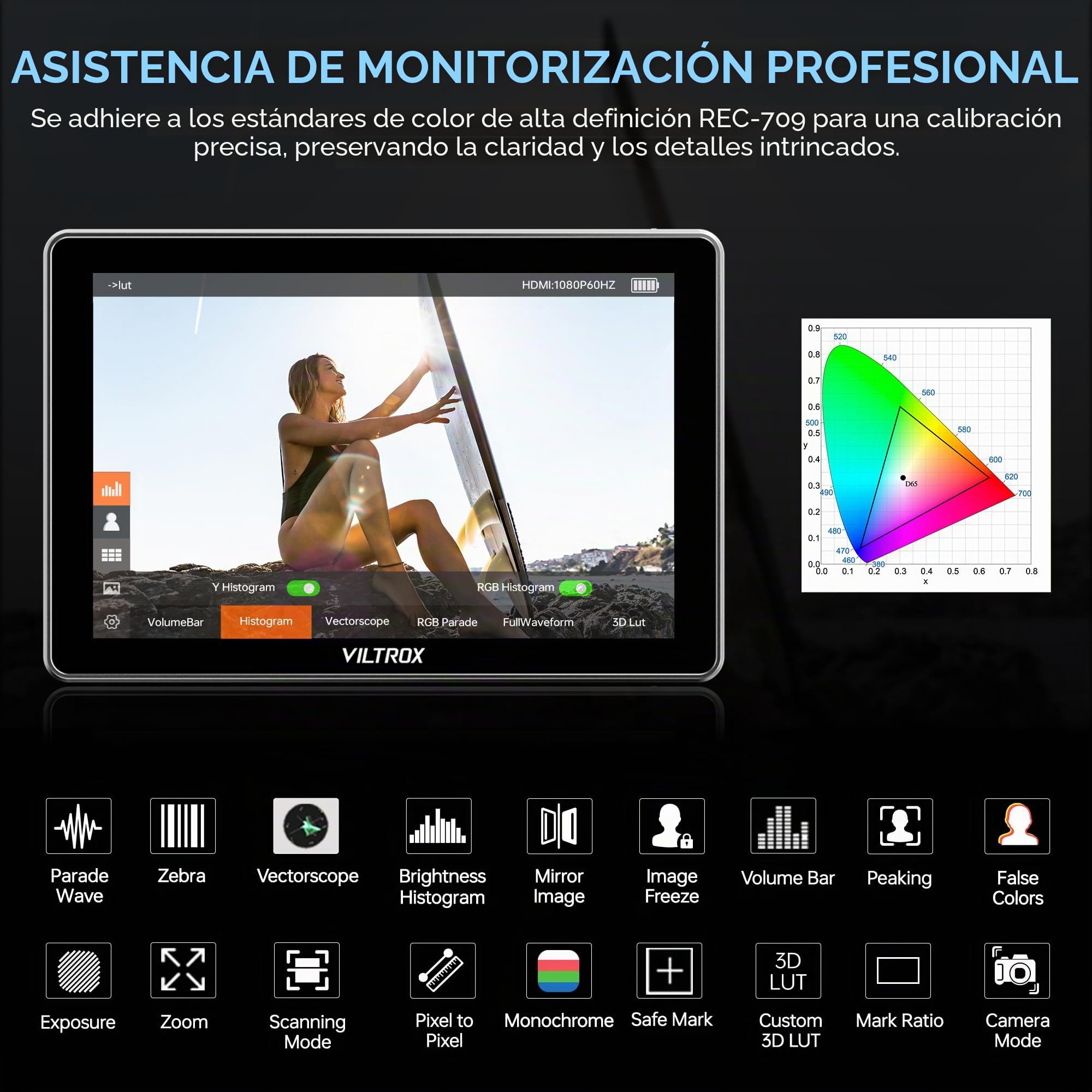VILTROX DC-L2 7" SDI Monitor de Campo para cámara, Pantalla táctil IPS HD 1280x800 con Entrada/Salida HDMI y SDI 4K, 600 nits LUT 3D, Focus Peaking Asistencia Video, Forma Onda Completa, batería F550