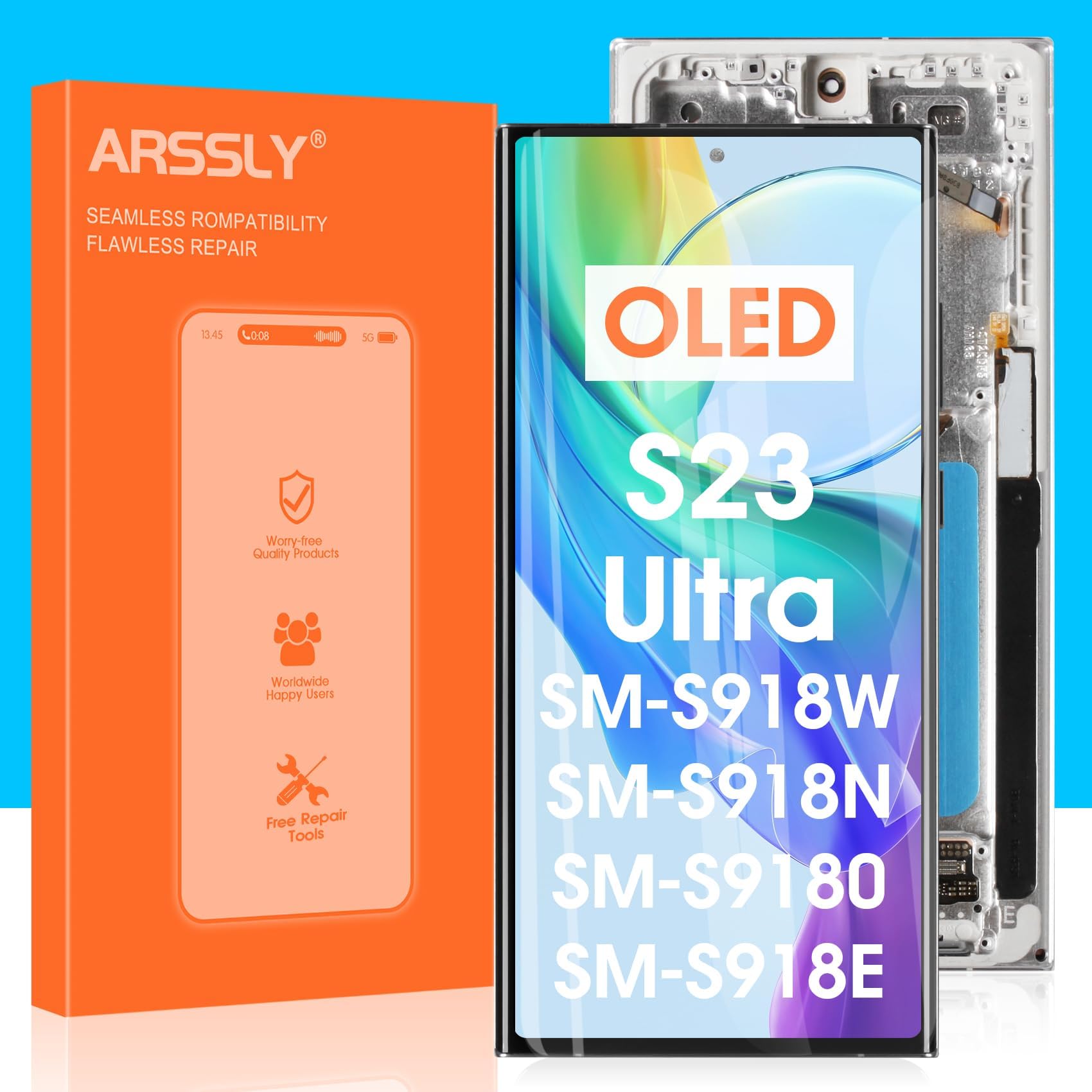 OLED for Samsung Galaxy S23 Ultra 5G Screen Replacement for Samsung S23 Ultra LCD Display SM-S918U S918W Digitizer Touch Screen Assembly with Tools(Silver with Frame, Supports Fingerprint)