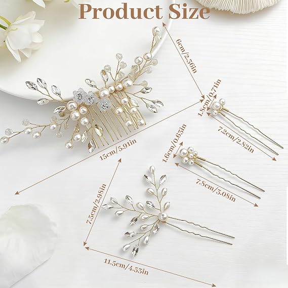 4 Pcs Wedding Hair Accessories for Women, Classy Bridal Hair Pins Flower Bridesmaid Hair Accessories Rhinestone Pearl Hair Pins for Brides Bridesmaids Guest Women Girls (Gold)
