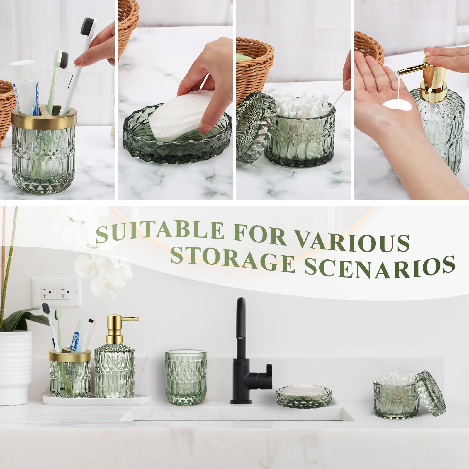 Juego de accesorios de baño verdes, 5 piezas de decoración de baño de cristal, dispensador de jabón de diamante, jabonera, soporte para cepillo de dientes, vaso de baño, tarros de hisopo de algodón,