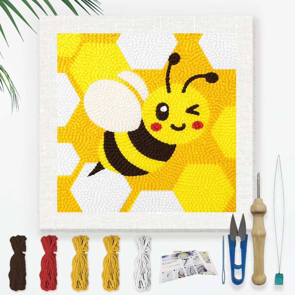 DOODLREAM Bee DIY Punch Needle Embroidery Kit for Adult Beginner, 24cm Bee Honeycomb Animal Insect Punch Stitching Craft Set for Starter with Frame, Fabric Pattern, Threader, Yarn, Punch Needle