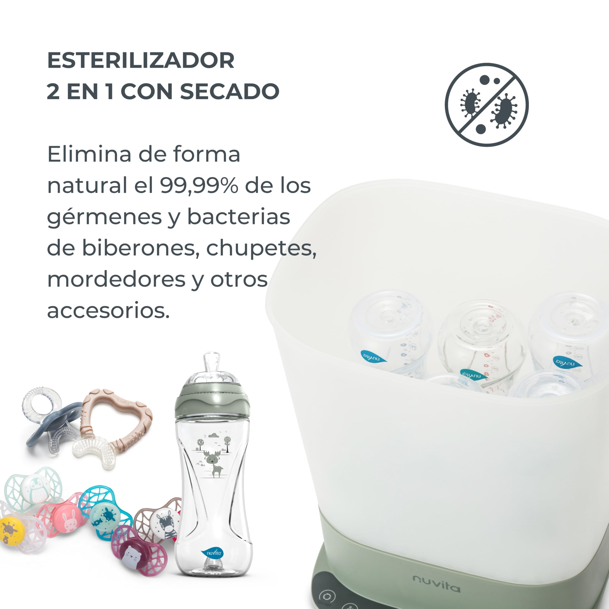 Nuvita 1088 SteriDry Esterilizador y Secador 2 en 1 para Biberones - Esterilización al Vapor 99,99%, Filtro HEPA para Secado Purificado, Conservación Estéril 72H, Gran Capacidad, Temporizador