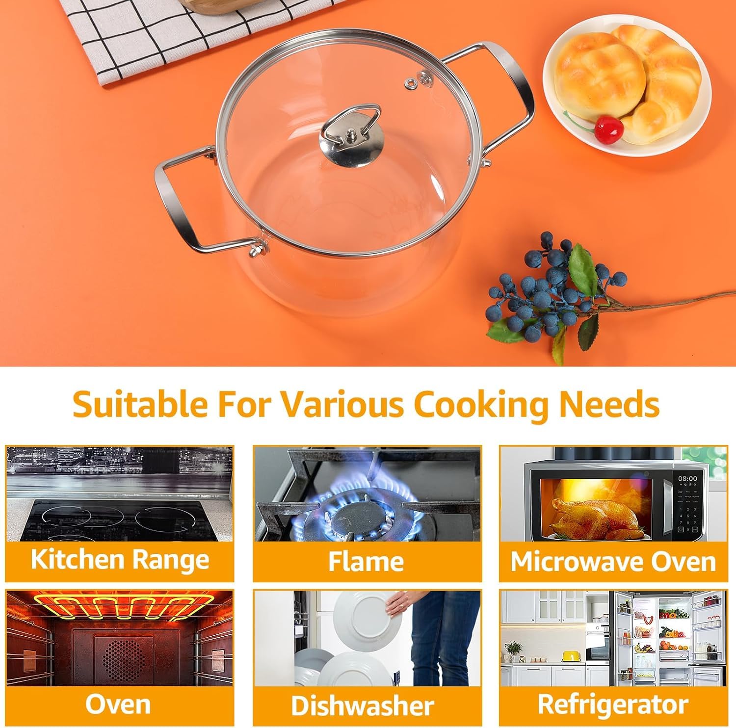 Olla de vidrio transparente con tapa 4. Olla resistente al calor de 5 litros con asas de acero inoxidable, utensilios de cocina para cocinar a fuego lento para pasta fideos, sopa, leche 11. 6 x 6. 5