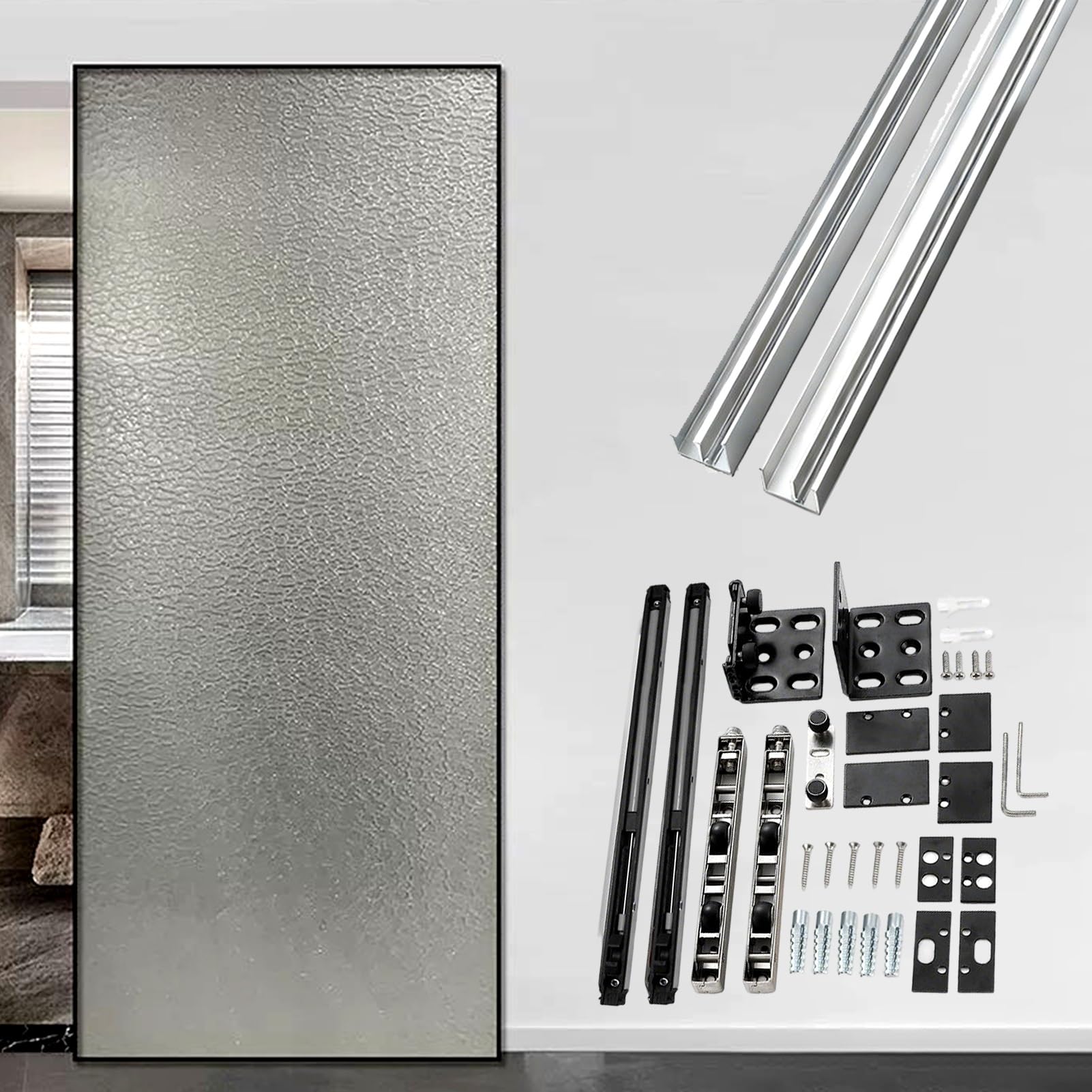 Viiguiy Silver 28 40 50 60 70 In Invisible Sliding Door Track, Concealed Ghost Door Rails And Hardware, Heavy Duty Floating Door Track For Glass/Mirrored(,50In/127Cm)