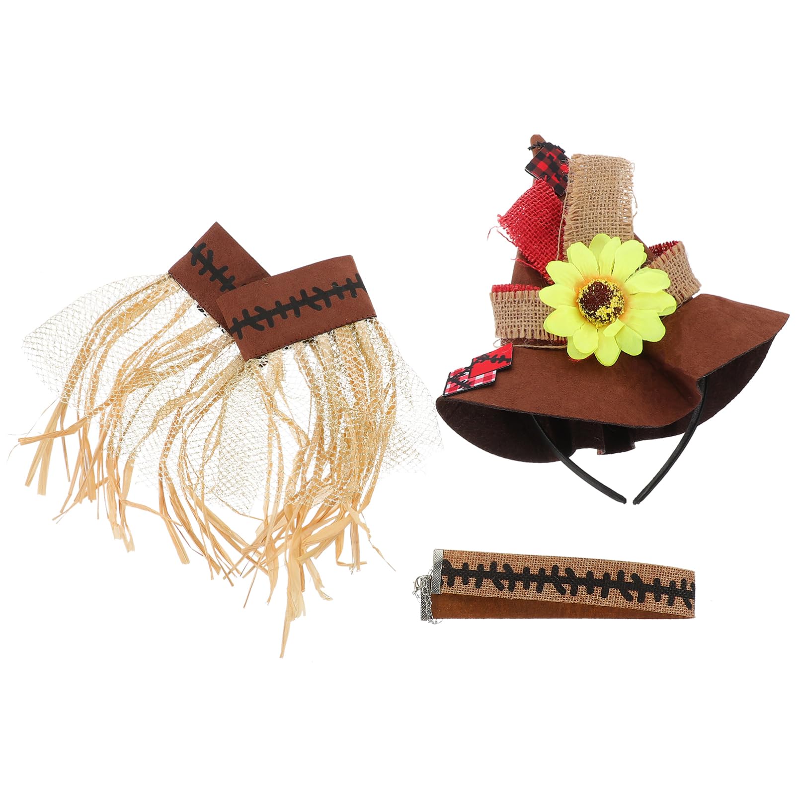 Cosplay Adult Halloween Straw Decoration Set 4 Pieces Including Straw Hat Wristbands Necklace for Carnival Themed Parties and Diy Costume