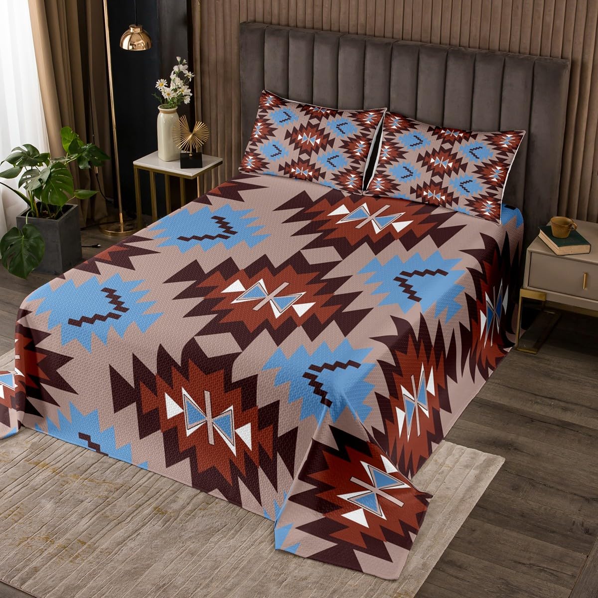 jejeloiu Southwest Native Bedspread Southwestern Geometric Bedspread for Kids Boys Girls Tribal Coverlet Set Brown Blue Quilted with 1 Pillowcase 2Pcs Bedding Twin