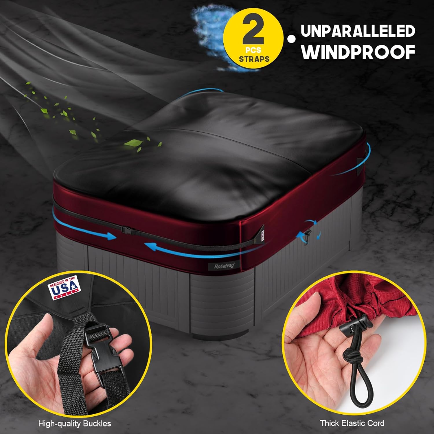 Rosefray 420D Outdoor Waterproof Square Hot Tub Cover Protector, Heavy Duty SPA Cover UV Protection Cover 85" L x 85" W x 20" H,Red/Black