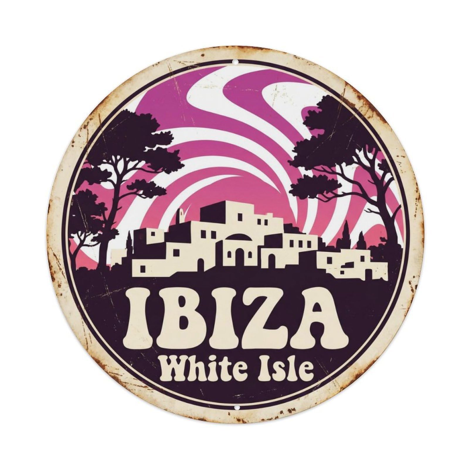 Vintage Travel Ibiza Spain Sunset Metal Tin Sign Plaque Wall Decor for Cafe, Club Bar, Office, Home Garden Round Metal Poster 8x8Inch