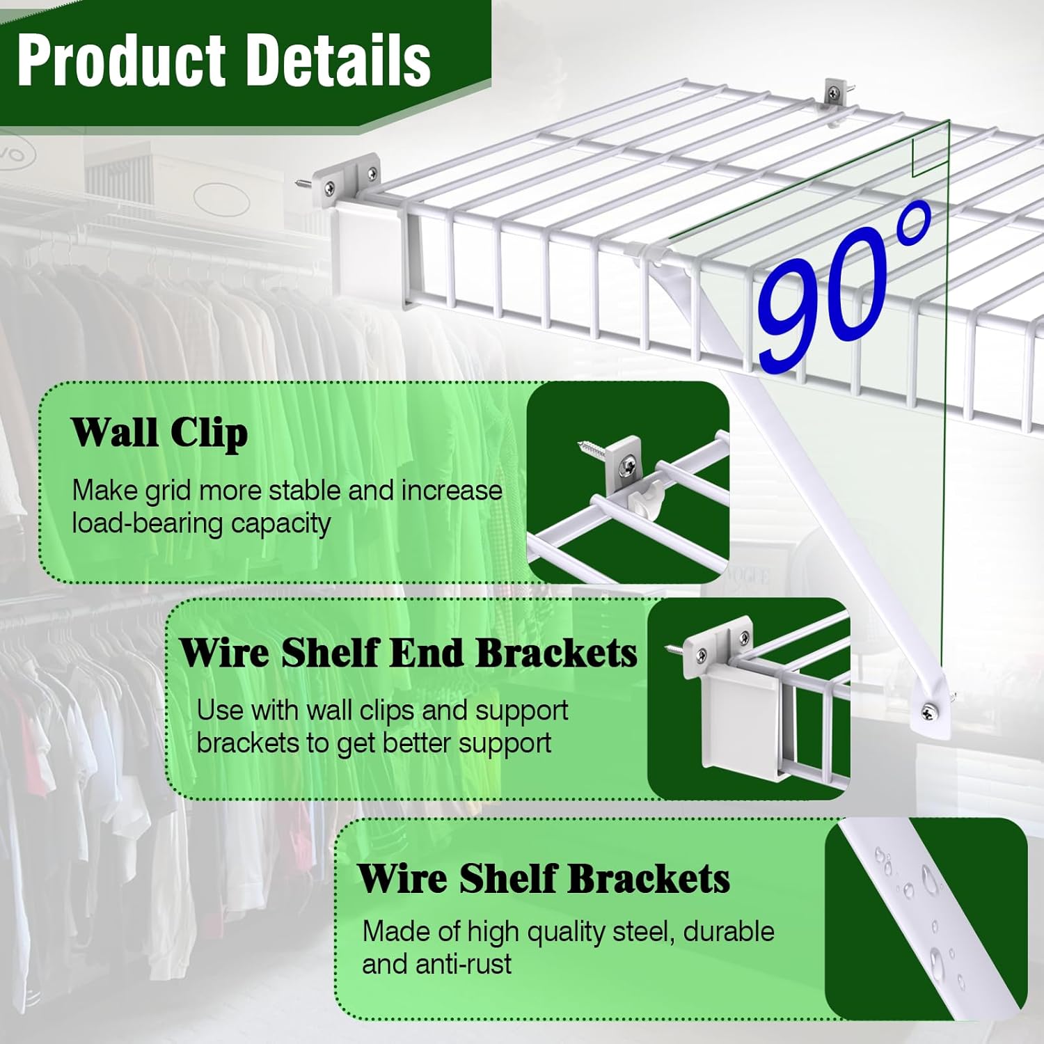 8 Pcs 12 Inch Wire Shelf Brackets, Metal Support Brackets with 10 Wire Shelf Clips and 4 End Brackets, Wire Closet Support Shelving for Closet Shelves Racks and Wardrobe