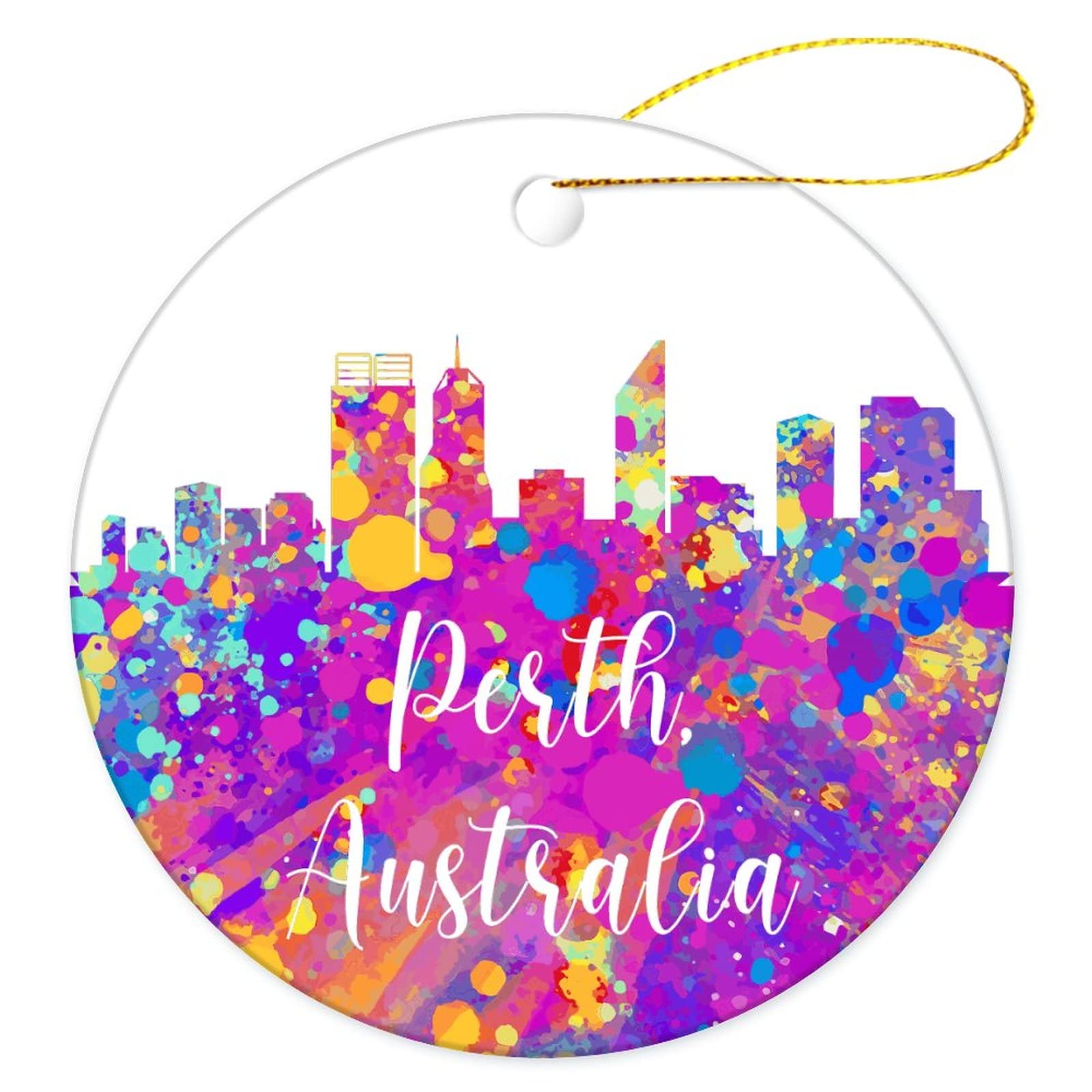 Christmas Tree Decoration 7.3cm, Australia-Perth City Watercolor Christmas Baubles Decoration Christmas Tree Decorations Multi-Colour Ceramic Xmas Ornament Party