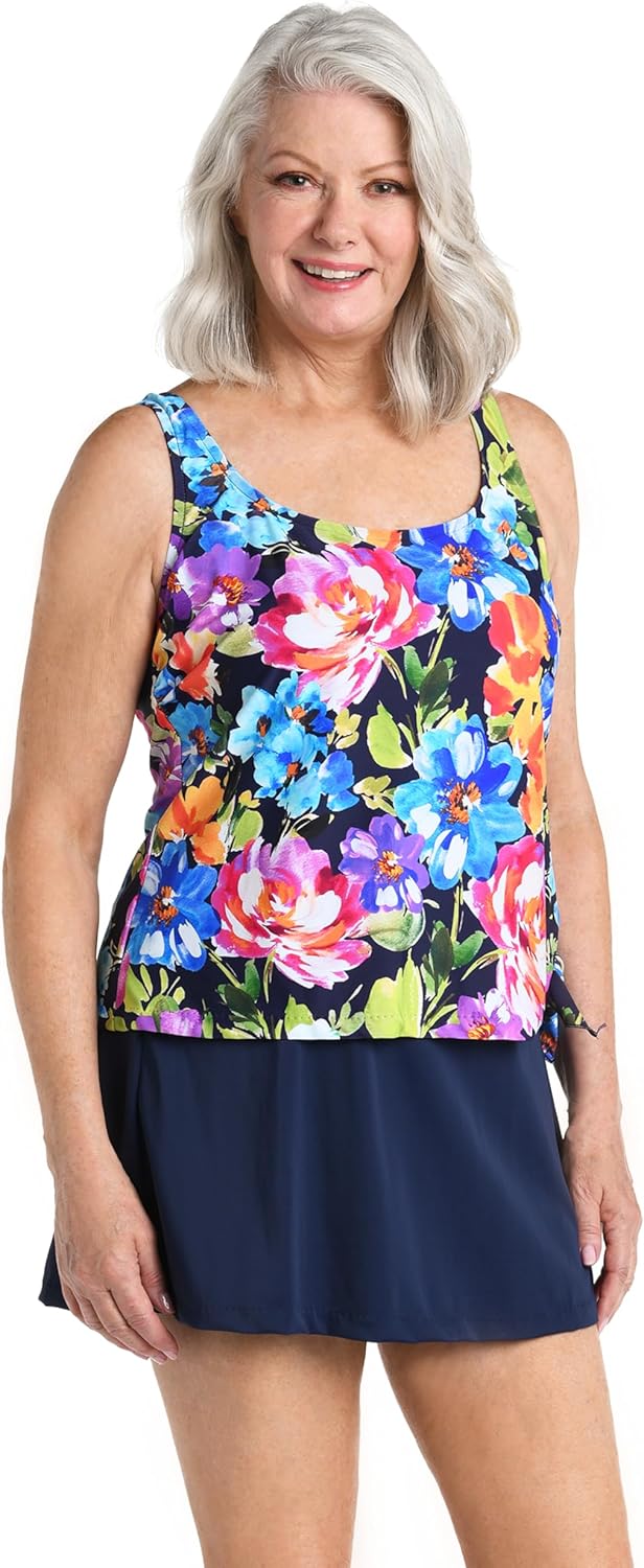 Scoop Neck Faux Tankini Swim Dress One Piece Swimsuit