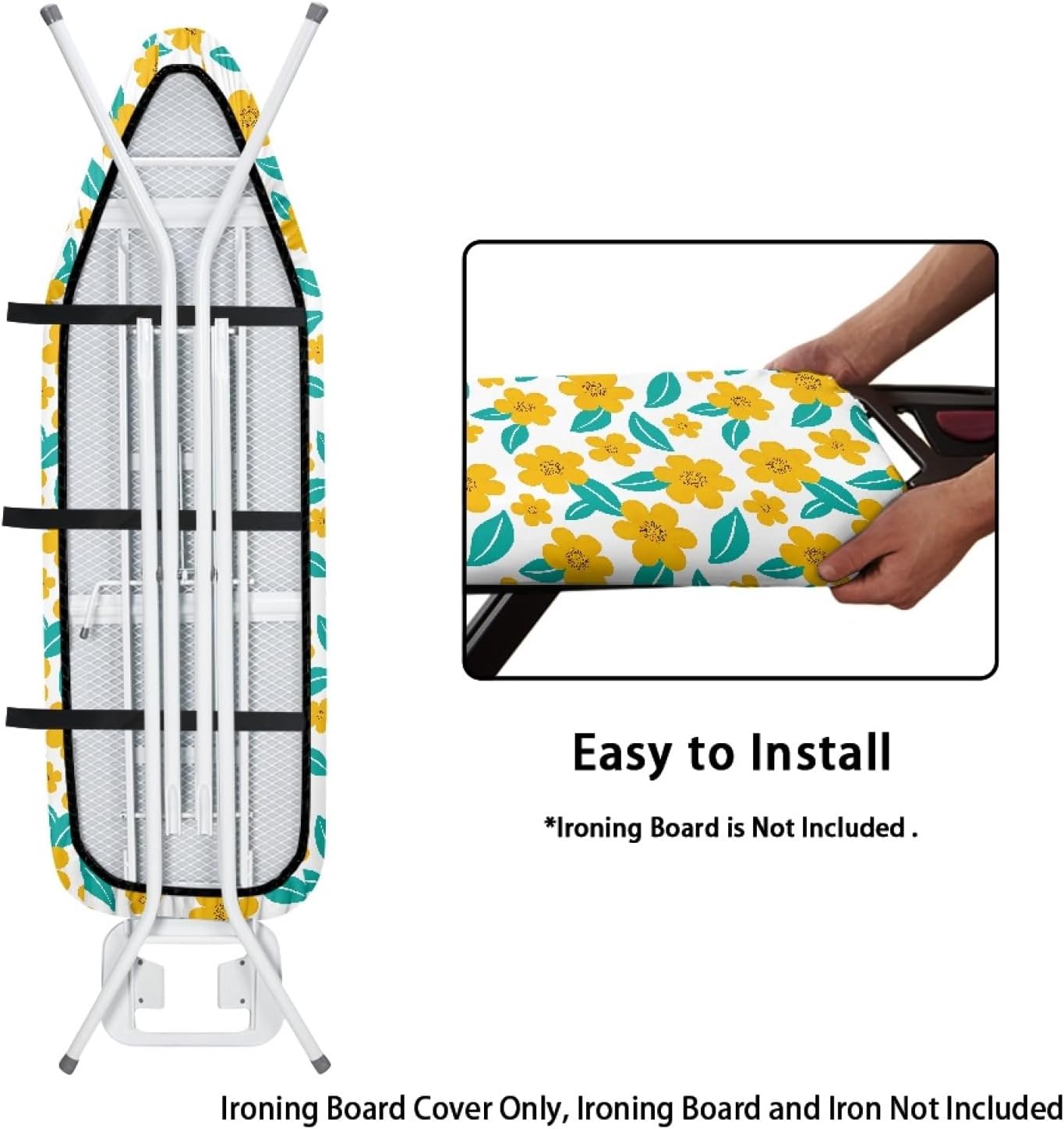 Flowers Ironing Board Cover,16"x55" Standard Ironing Board Cover with Elastic Edge and Hook and Loop Fasteners, Scorch & Stain Resistant, Polyester Home Ironing Board Covers, Retro Flower Breeze