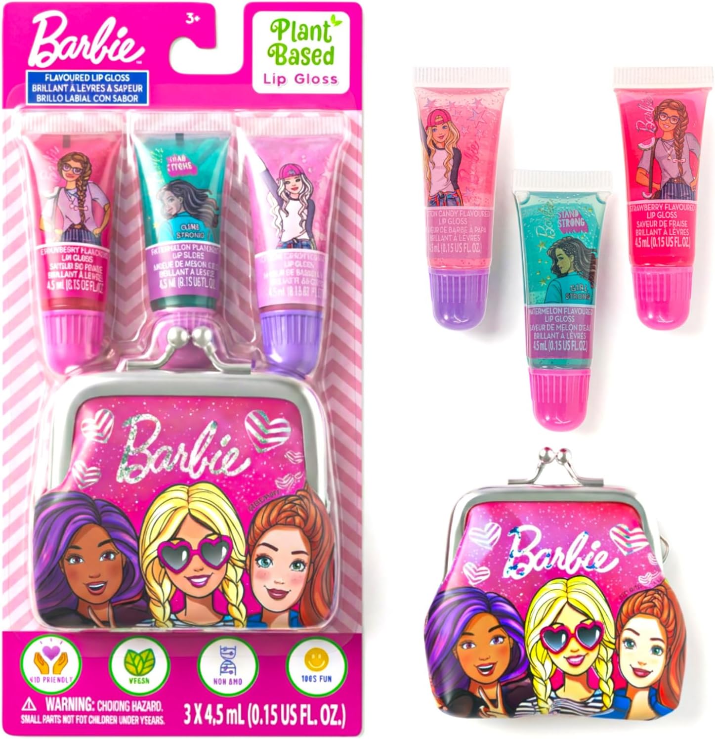 Townley Girl Barbie Coin Purse and Plant-Based Lip Gloss Set, Cute Pouch Wallet Small Money Bag Toy, Ages 3 and Up