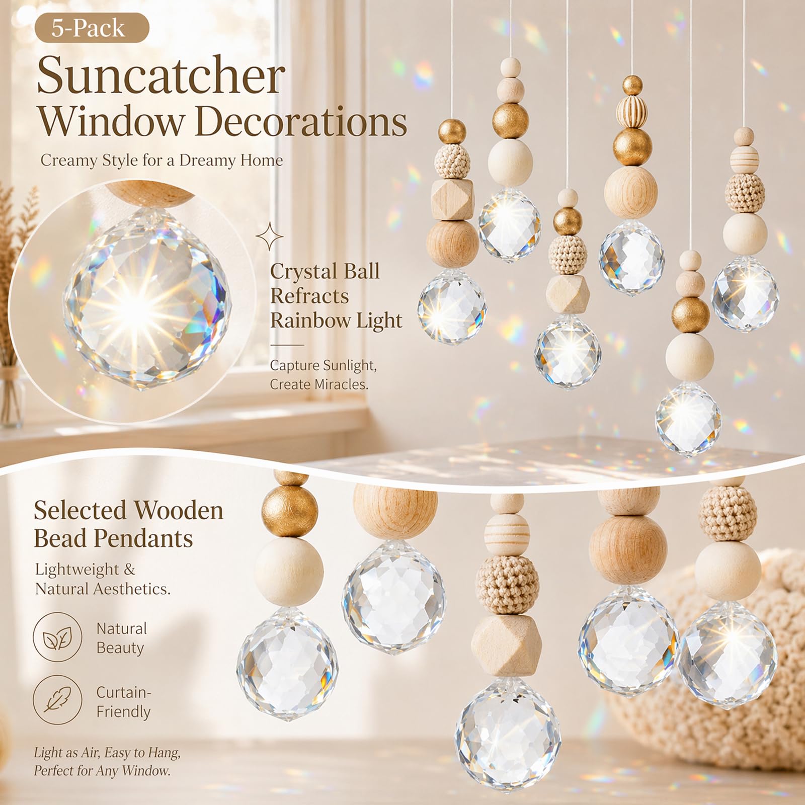 Yuragim Kristall Sonnenfänger Bastelset, 5er Set Suncatcher mit Holz- & Kristallkugel, Skandinavische Wohnraum Dekoanhänger DIY Sonnenfänger Basteln Garten Windspiel Hängedeko Lichtspiel Fenster