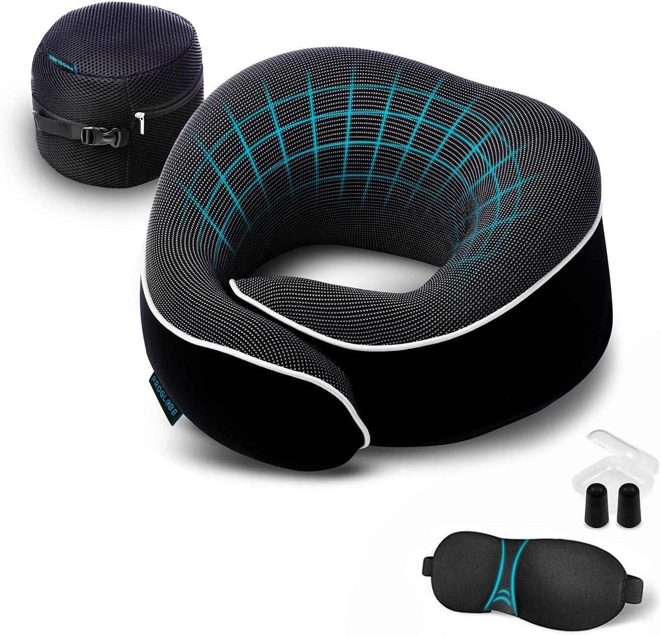 Proglobe Orthopedic Neck Pillow, Travel Neck Pillows for Airplanes, Memory Foam Kit, 360° Head Support, Airplane Pillow Set with 3D Contoured Eye Masks, Earplugs, and Luxury Mesh Bag (Black)
