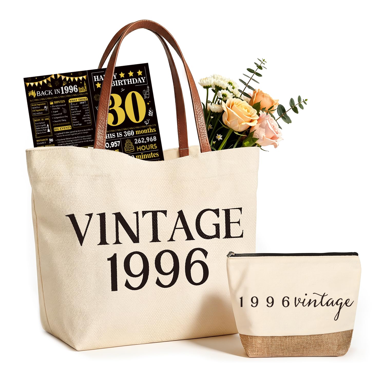 Vintage 1996 Gifts for Women, 30th Birthday Gift Set, Canvas Tote Bag with Leather Handles, Makeup Pouch & Back in 1996 Card, Gift for Her Turning 30