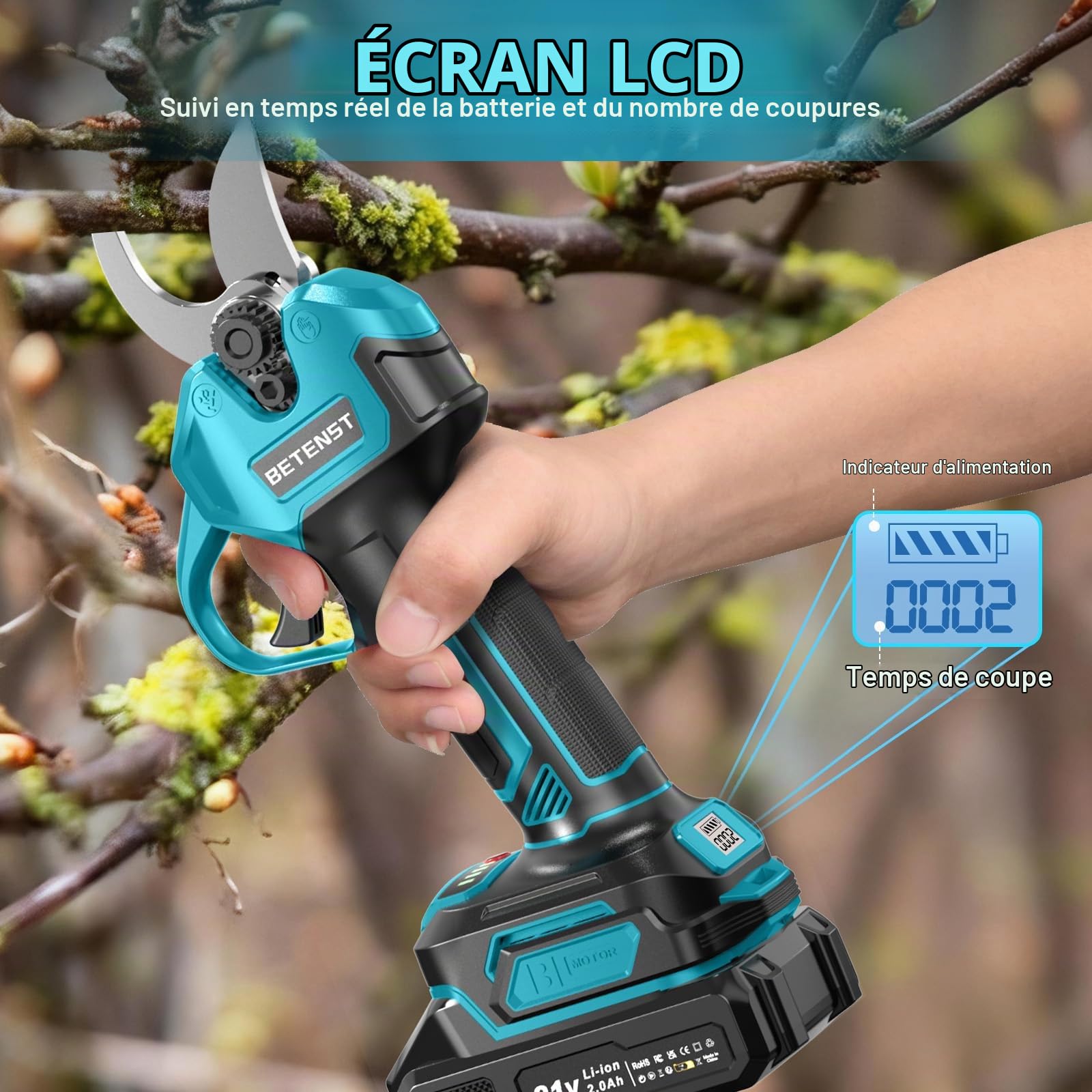 Sécateur Électrique Sans Fil Brushless, BETENST Secateur Electrique 21V avec 2 Batteries 2.0Ah, Lame SK5 Secateur à Batterie, Écran LCD, Pierre à Aiguiser Pour Jardinage, Fruitiers, Arbustes