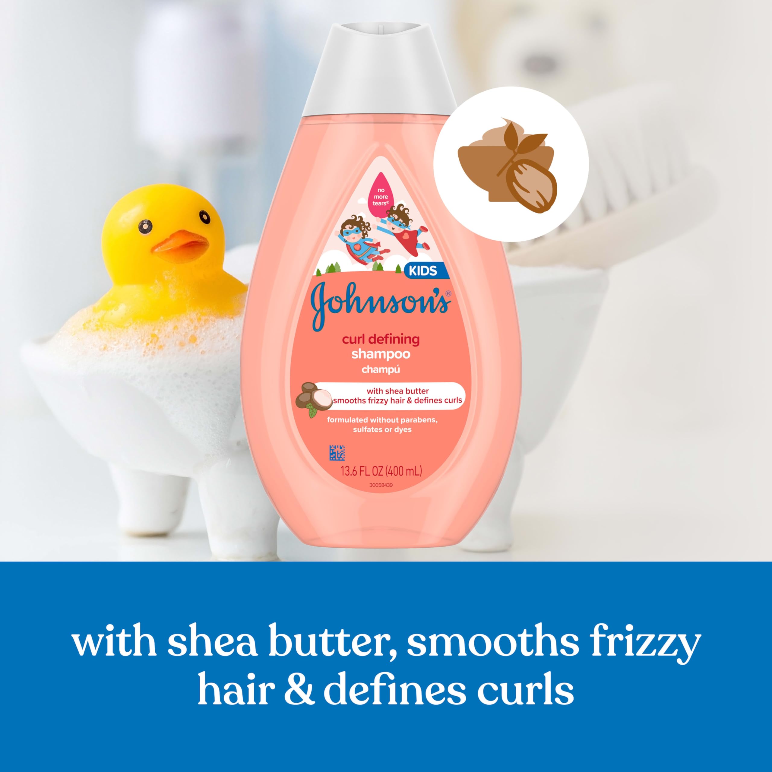 Johnson's Kids Curl-Defining, Frizz Control, Tear-Free Shampoo + Shea Butter, Paraben-, Sulfate- & Dye-Free, Hypoallergenic & Gentle for Kids Hair, 13.6 fl. oz