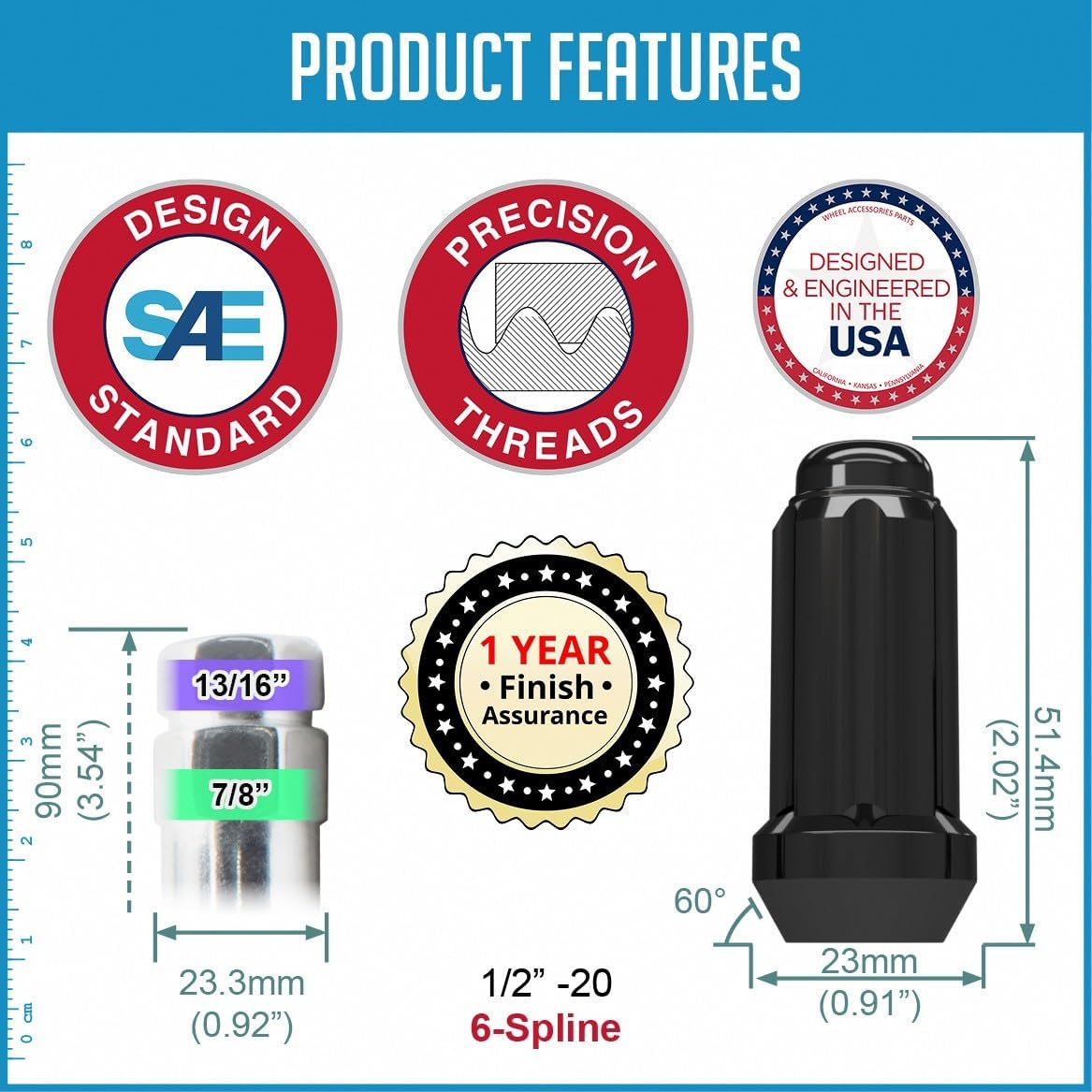 Wheel Accessories Parts 20 Pcs 1/2"-20 Thread Truck 2.00" Long Spline Lug Nuts Black Chrome 6 Spline Hex Fits Chevy C10 K5 Blazer ｜ GMC C1500 ｜ Dodge Ram 1500 Ramcharger ｜ Ford F150 ｜ Jeep Wrangler