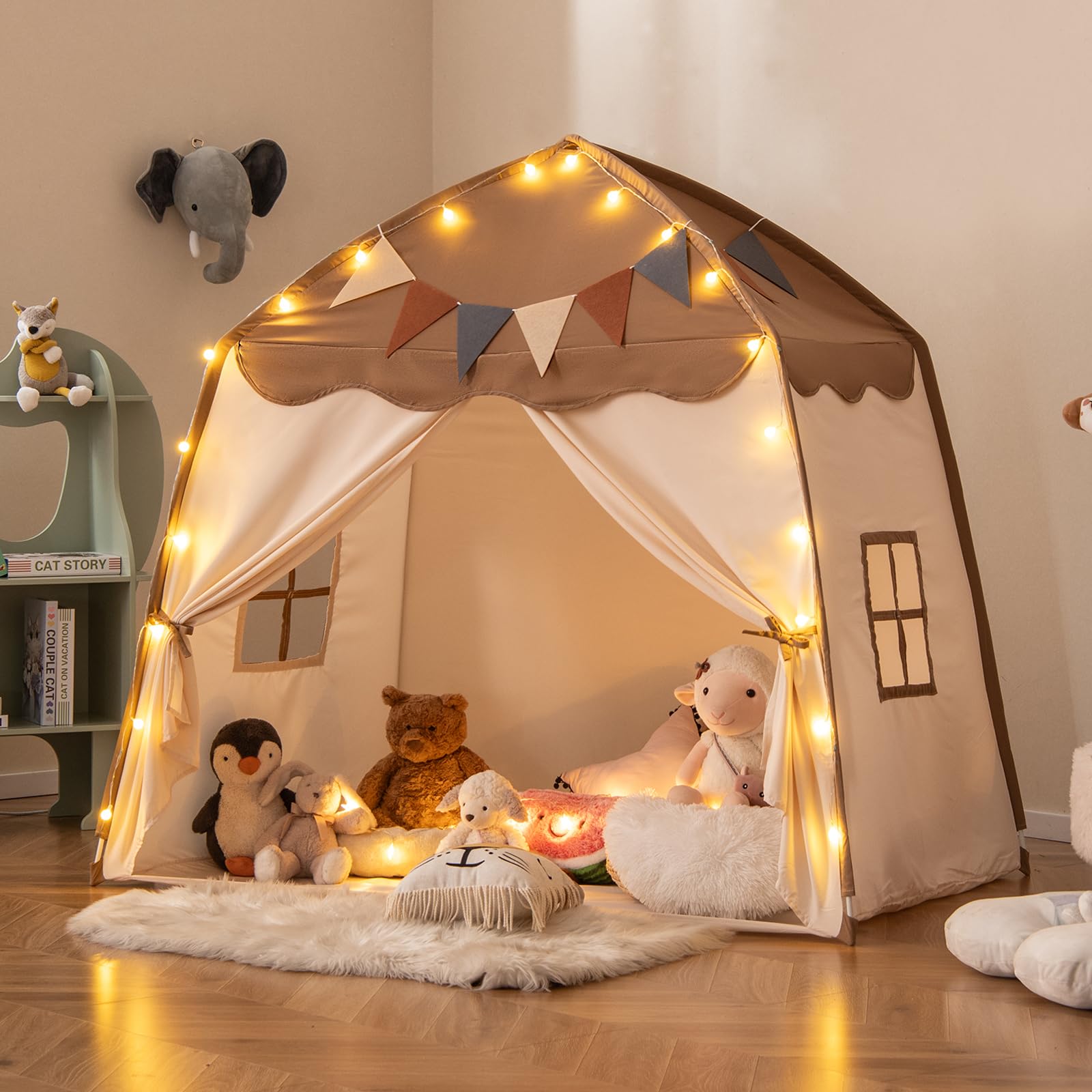 Maxmass Large Kids Play Tent, Toddler Playhouse with String Lights, Flag Banner, 2 Windows, Indoor Outdoor Castle Fairy Children Play House for Boys Girls, 157 x 98 x 148cm (Beige + Coffee)