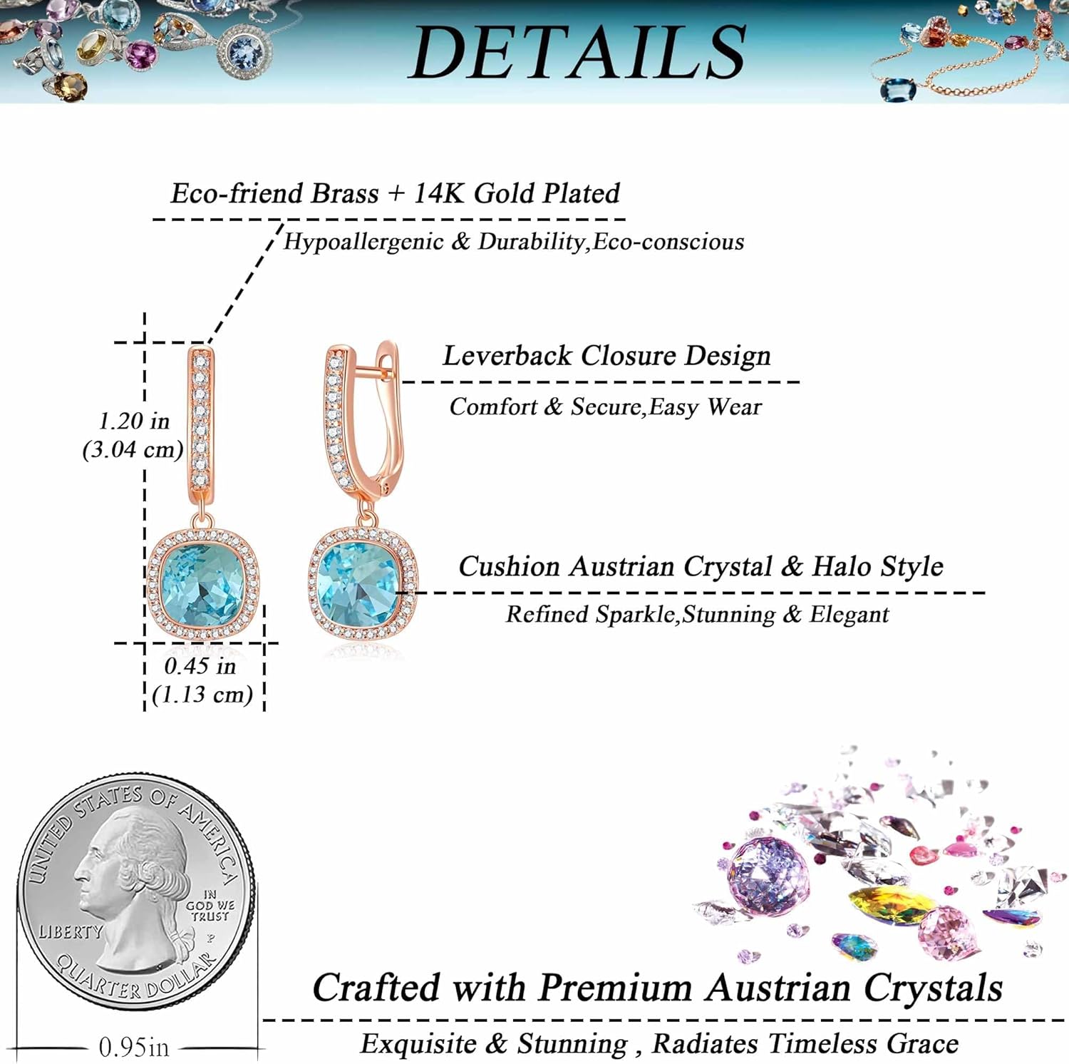 EVEVIC Austrian Crystal Leverback Square Cushion Halo Dangle Huggie Earrings for Women 14K Gold Plated Hypoallergenic Jewelry Gift - Image 4