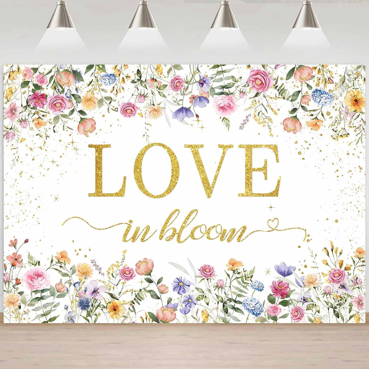 Love in Bloom - Fondo para decoración de despedida de soltera, diseño de flores silvestres con purpurina dorada, fondo de boda, fondo floral de primavera para novia a ser despedida de soltera, fiesta de compromiso, suministros de pancarta de 7 x 5 pies