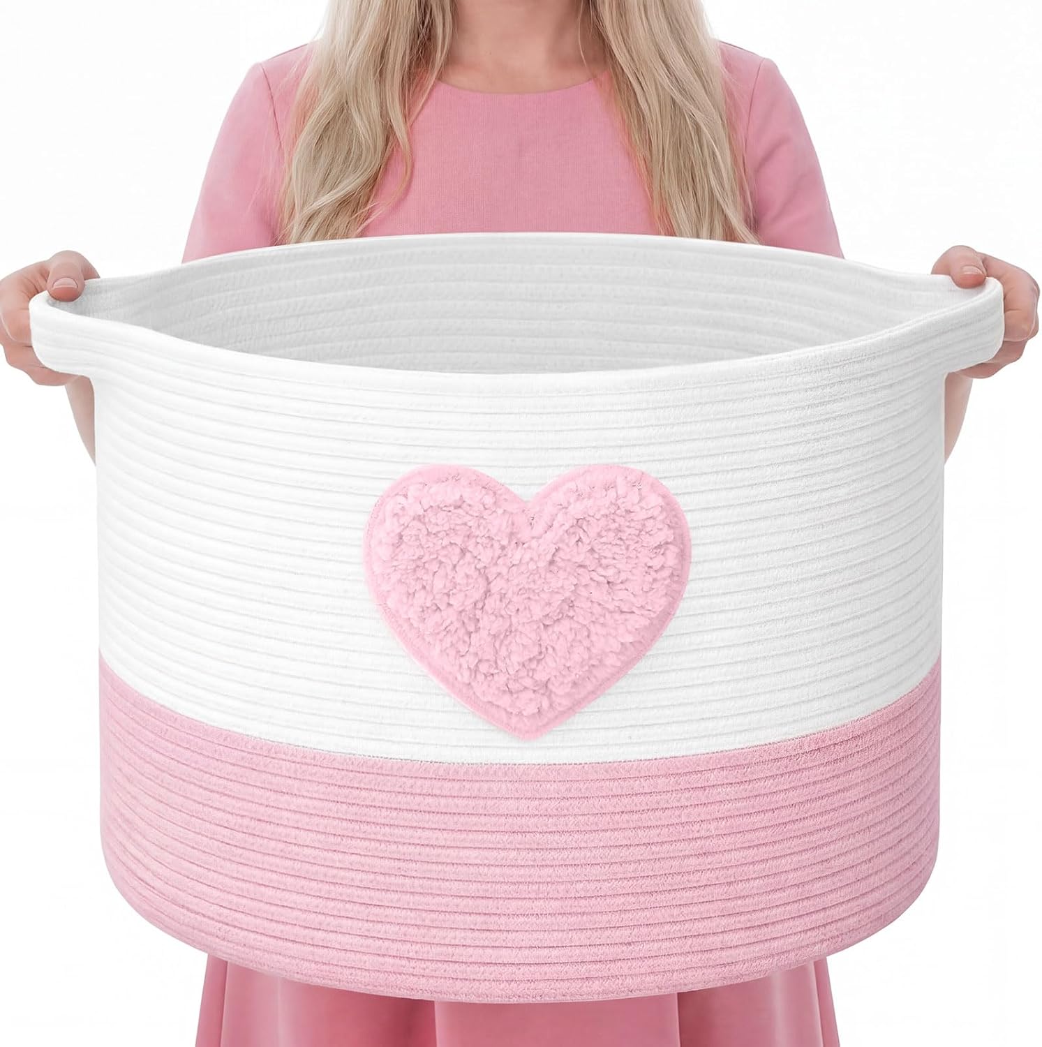 LemonRoad Pink Bow Extra Large Cotton Rope Basket 20"x14", Embroidered Woven Baby Laundry Blanket Basket Box with Handle Storage, Blanket Storage for Living Nursery Pillows Laundry Baby Toy Chest
