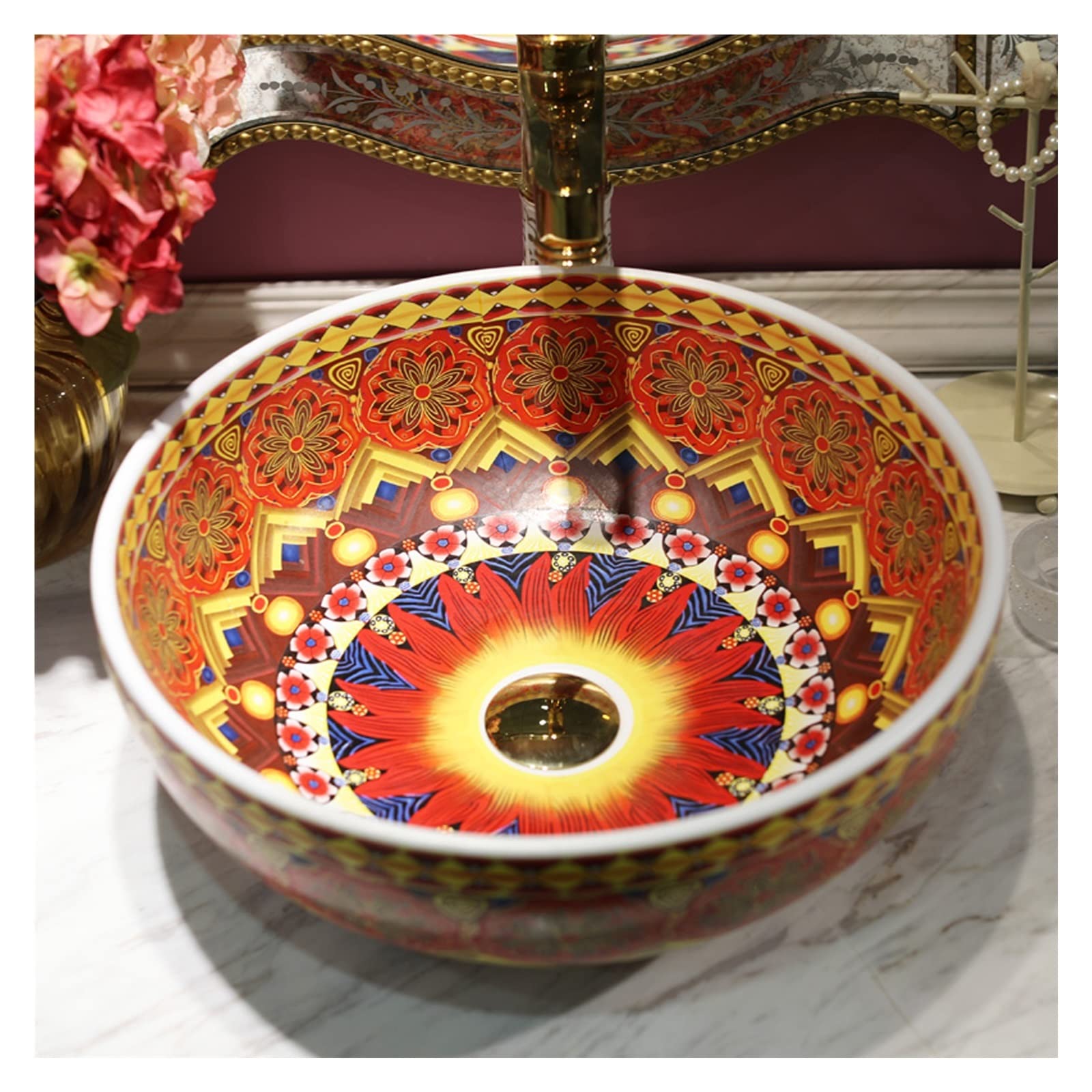 WOTZOV Round Vessel Sink,Exquisite Bathroom Artistic Porcelain Vessel Bowl With Faucet Pop-Up Drain,B A