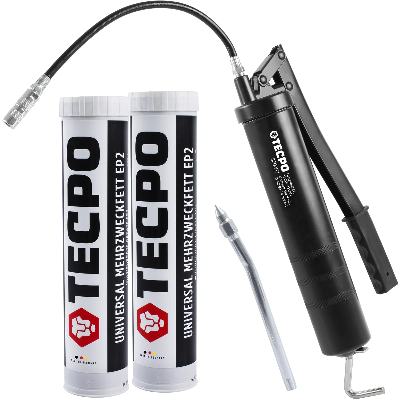 TECPO 2x Universal Mehrzweckfett EP2 400g Kartusche Schmierfett, Lithiumfett Universalfett, KFZ-Schmierung, wasserbeständig, KP2K-30 Lithium Fett + Einhandfettpresse mit Handhebel inkl. Panzerschlauch