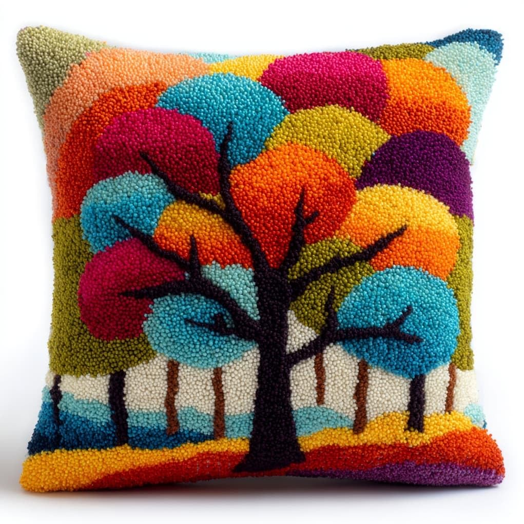 Henypt DIY Latch Hook Kit 43x43cm / 17x17 Inch,Cartoon Tree Complete Crochet Rug Kit with Yarns & Hook,Creative Needlework Gift for Family