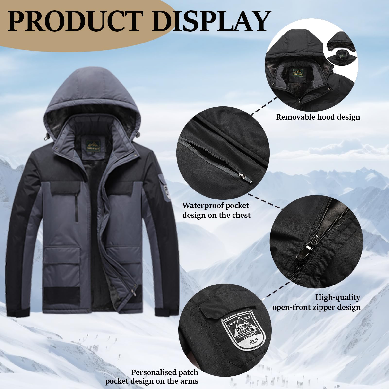 Chaqueta De Esquí Para Hombre Impermeable Y Abrigada- Cortavientos Capucha Desmontable, Snowboard Montaña Invierno Exterior