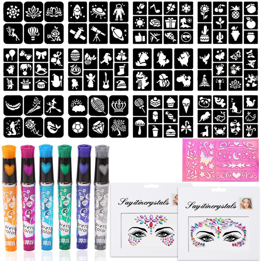 Tattoo Markers Children, Temporary Tattoos Glitter Children with 6 Pens, 16 Stencils, 2 Bright Face Stickers, Party Games Children, Birthday Gifts, Gift Girl 5 6 7 8 9 Years