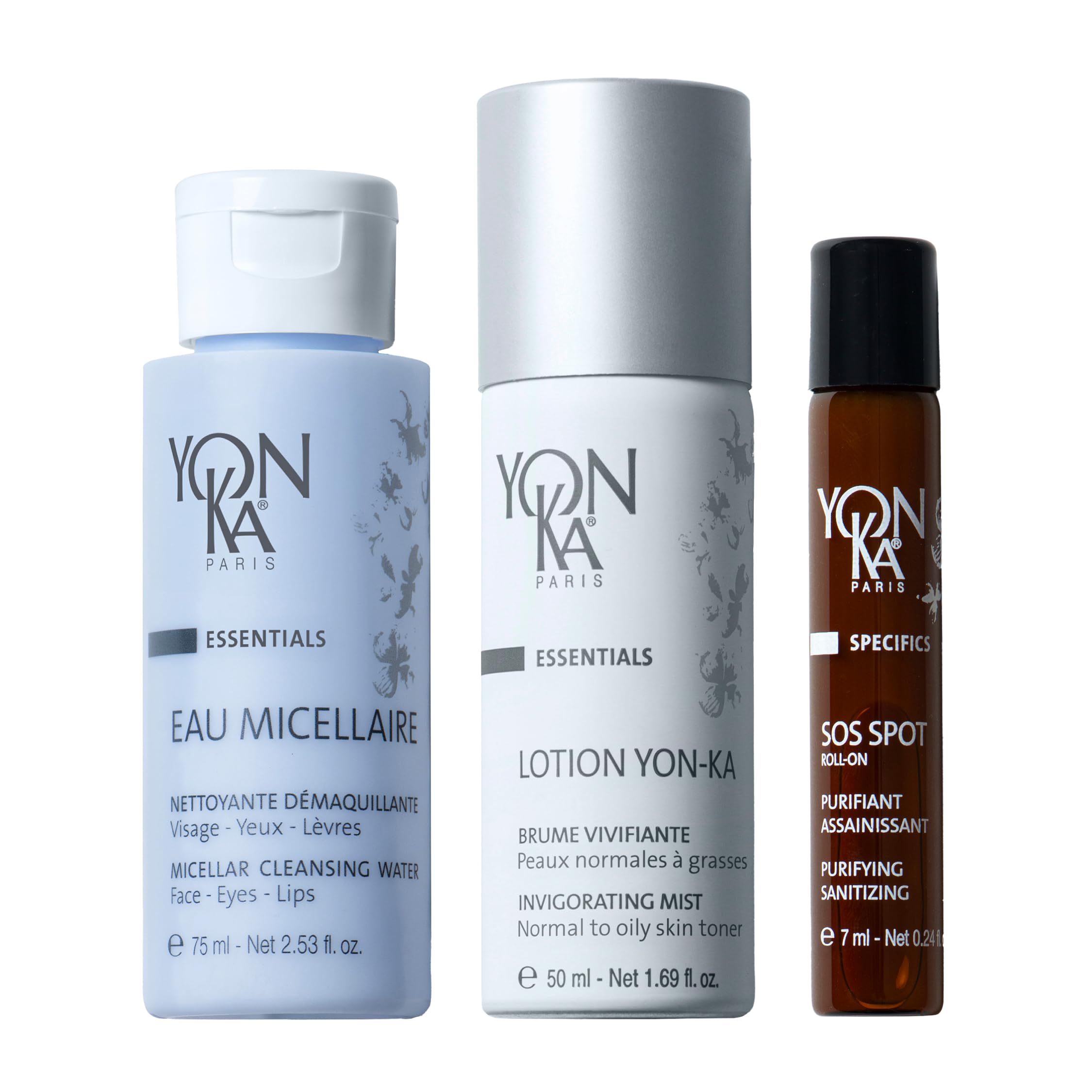 Yon-Ka Purity Travel Set | SOS Spot Roll-On, Eau Micellaire & Lotion Toner | Essential Kit to Cleanse, Purify, Tone & Hydrate Skin | For Dry or Sensitive Skin | 3-Piece Travel Size Set