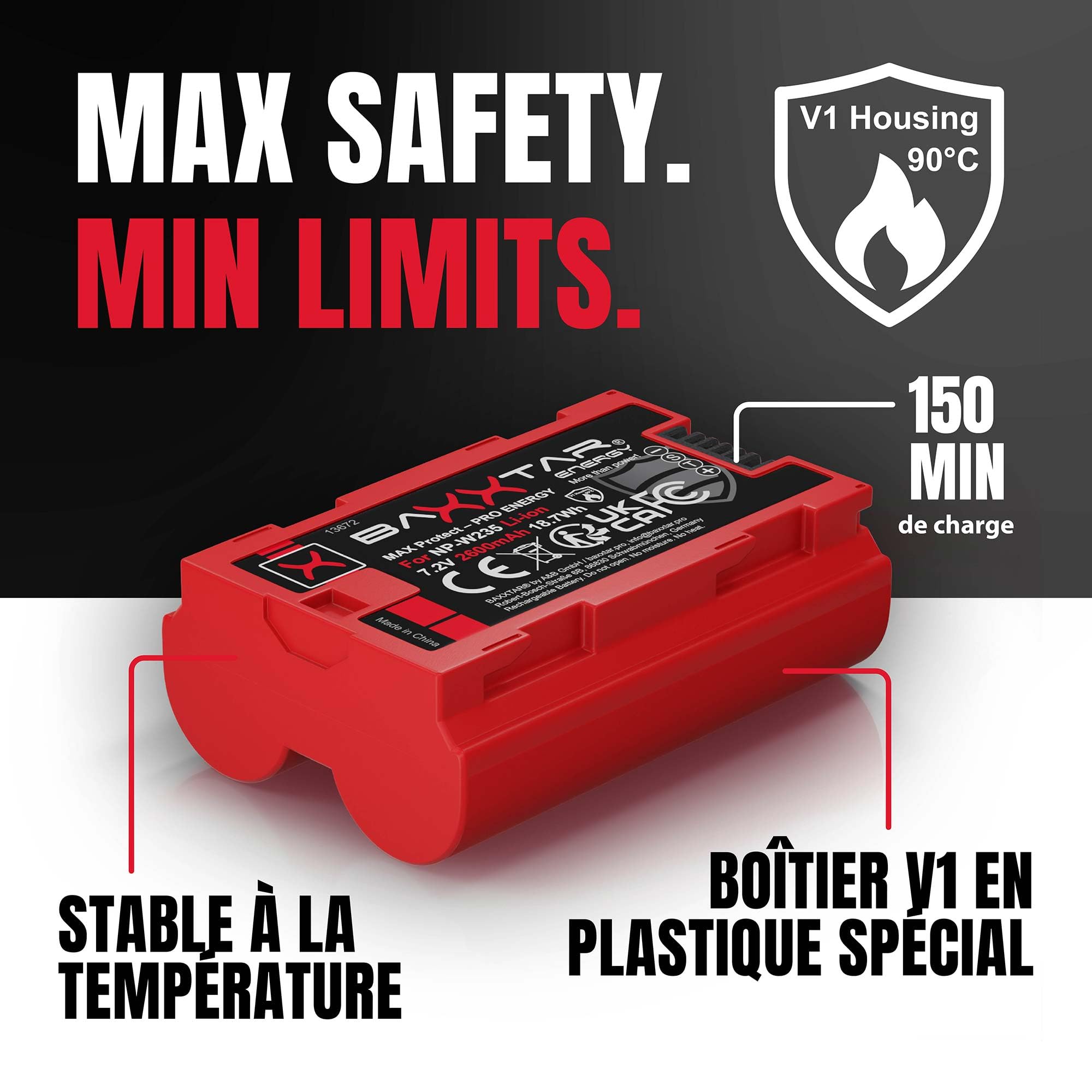 Baxxtar 2X MaxProtect Batterie NP-W235 2600mAh Remplacement pour Fuji NPW235 NP W235 avec capteur NTC et boîtier V1 Compatible avec Fujifilm GFX-50s II GFX-100S GFX-100 II X-H2 X-H2S X-S20 X-T4 X-T5